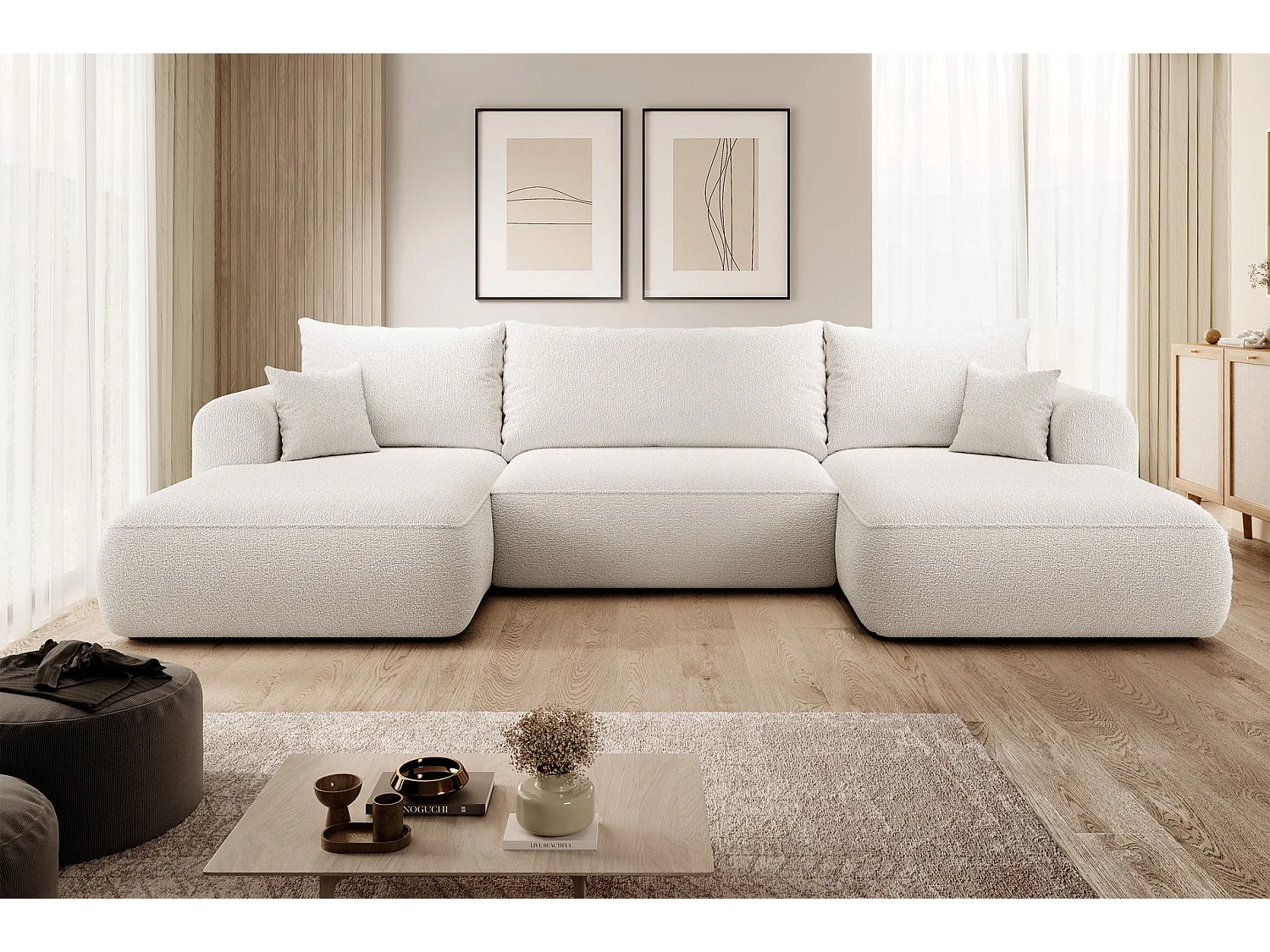 Canapé d’angle en U avec fonction couchage – universel – Crème – Bouclée – OVO