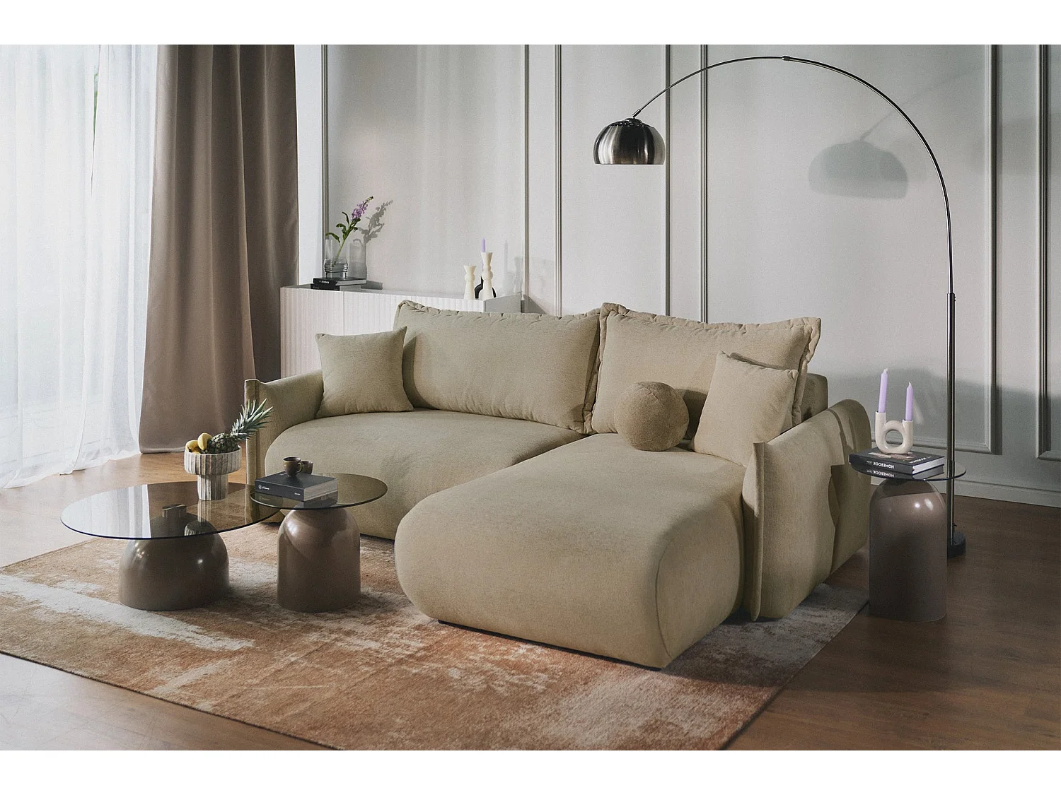 Canapé d'angle convertible – Angle à droite – chenille beige – CUSHI