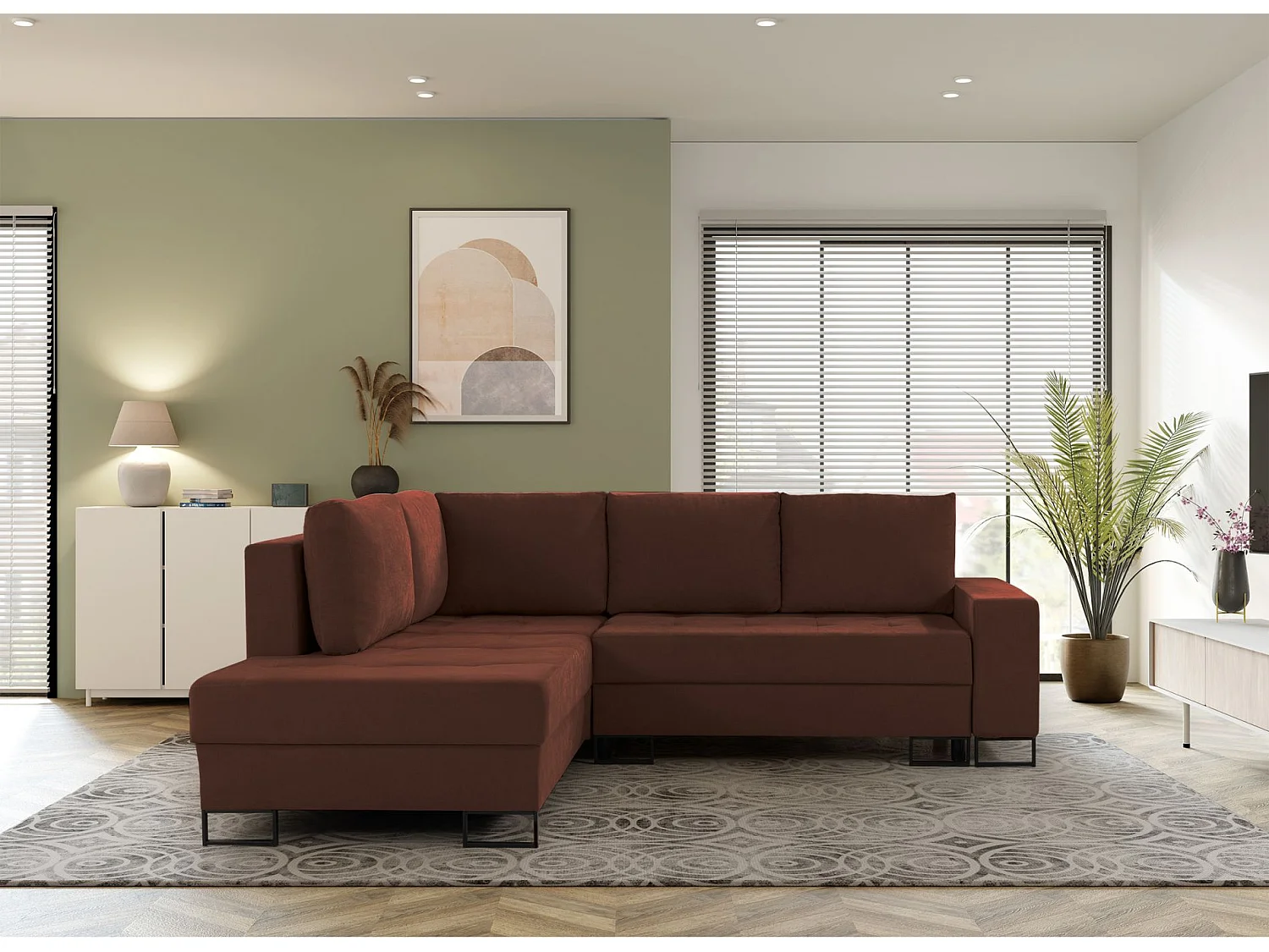 Ecksofa mit Schlaffunktion & Bettkasten – Chenille – Ottomane links – Kupfer – LARELLE