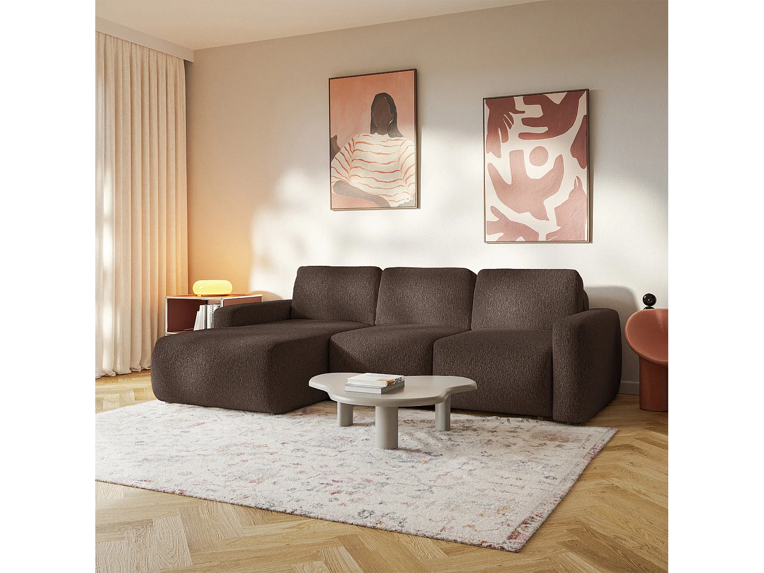 Slaapbank hoekbank – Hoek links – Chenille Bruin – CARNOS MINI