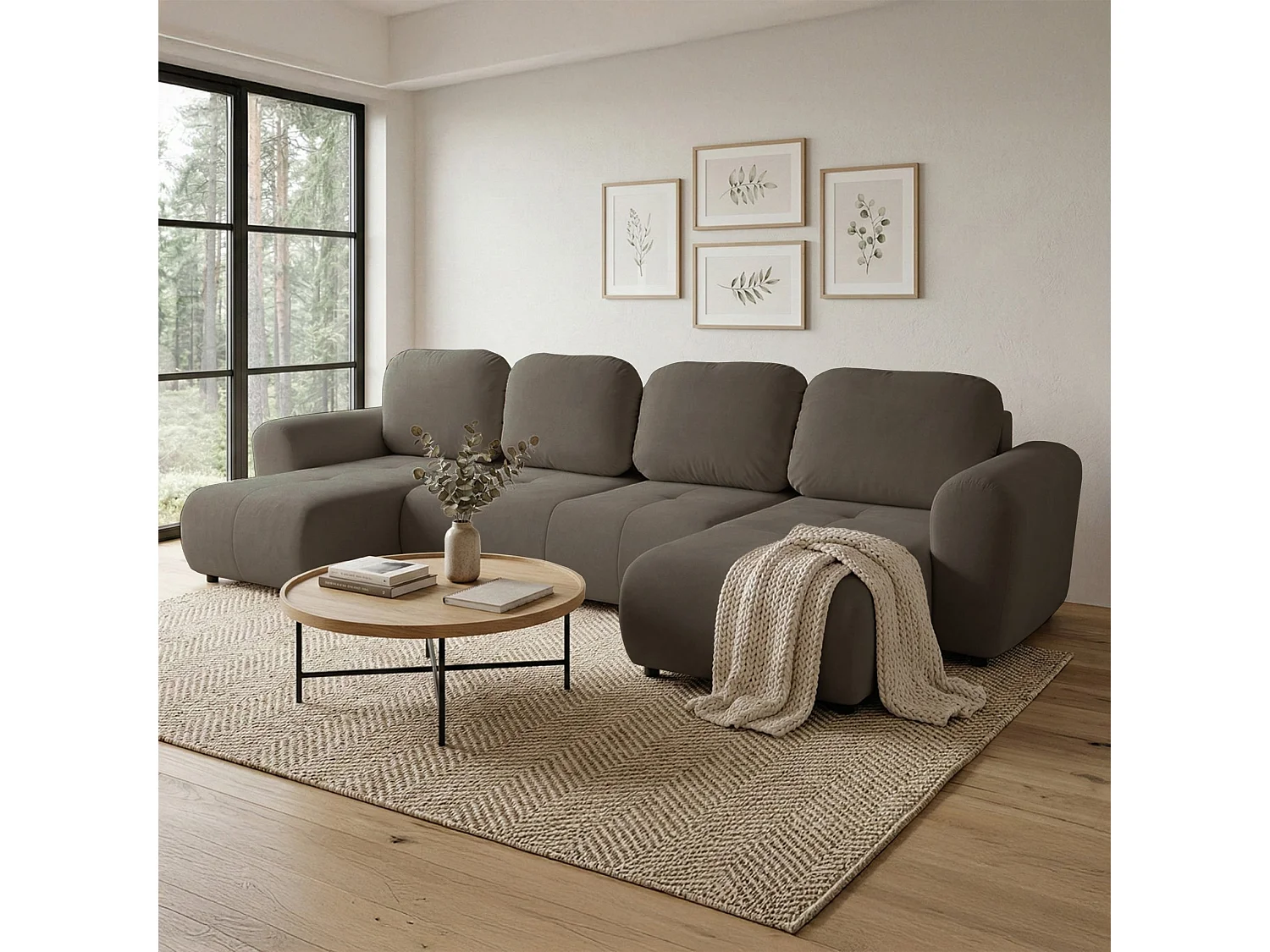 Canapé d'angle convertible – en forme de U – velours beige foncé- OLIDO