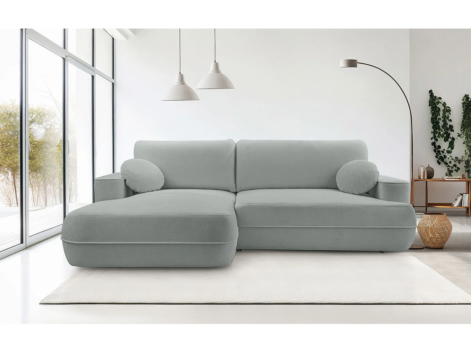 Canapé d'angle convertible – Coffre de rangement – Angle à gauche – Beige gris – Tissu structuré déperlant – FUERRO