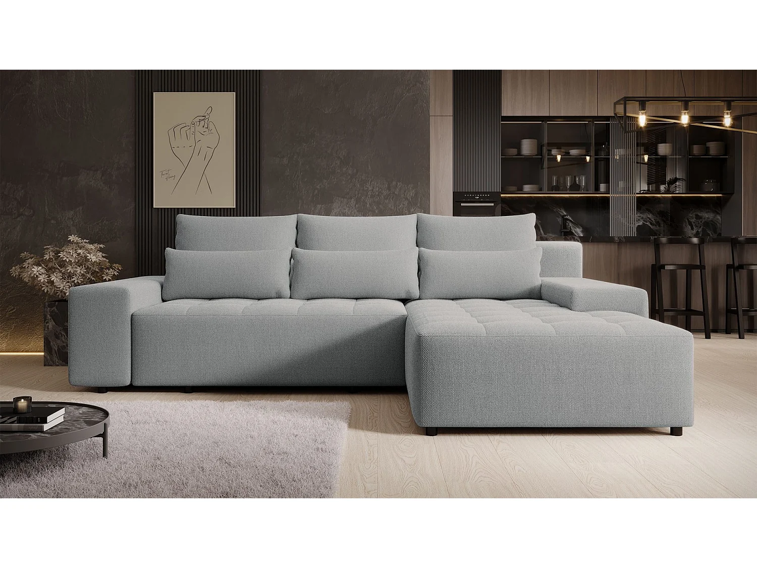 Ecksofa mit Schlaffunktion & Bettkasten – Chenille wasserabweisend – Universal – Hellgrau – NELURO