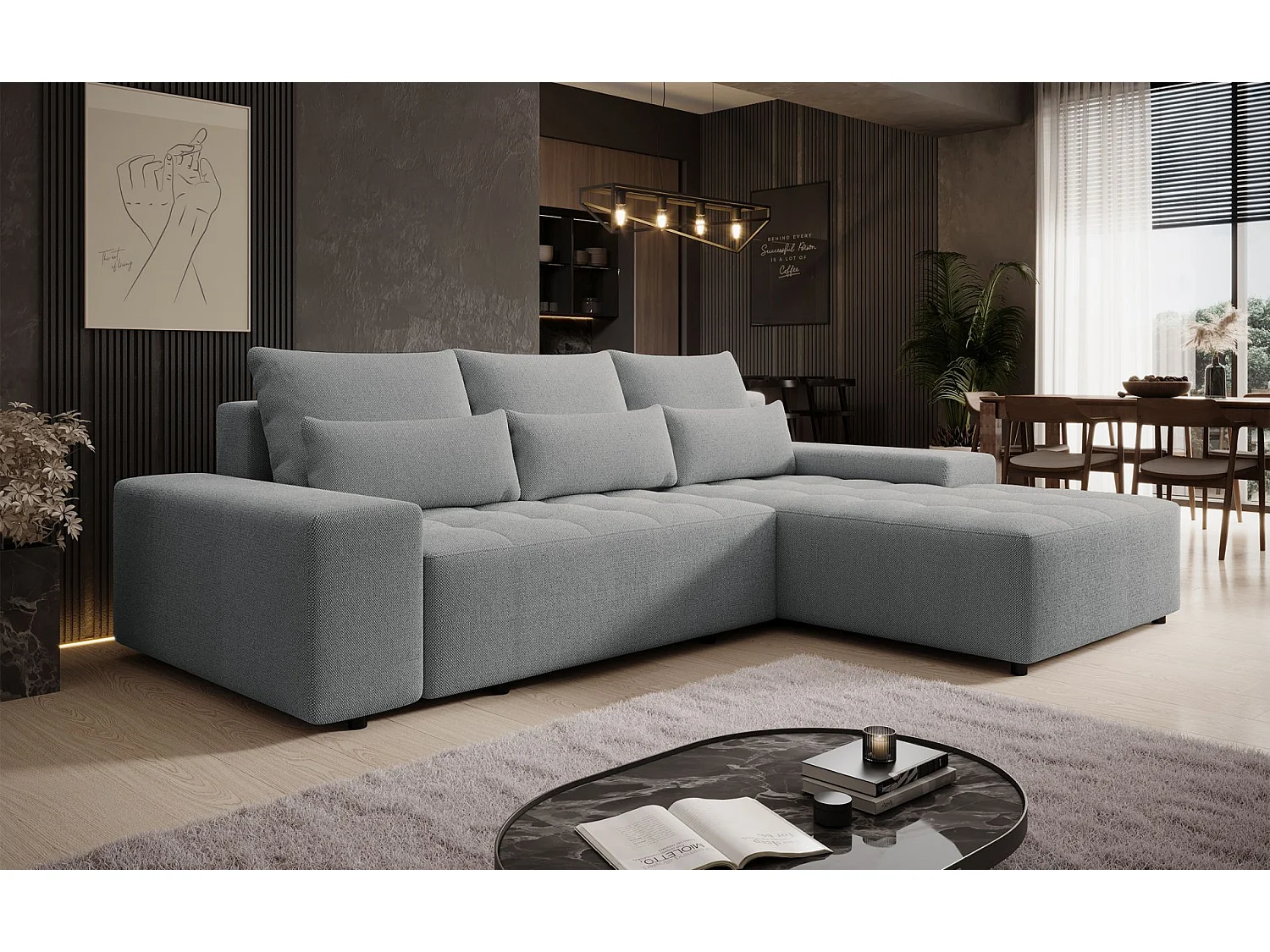 Ecksofa mit Schlaffunktion & Bettkasten – Chenille wasserabweisend – Universal – Hellgrau – NELURO