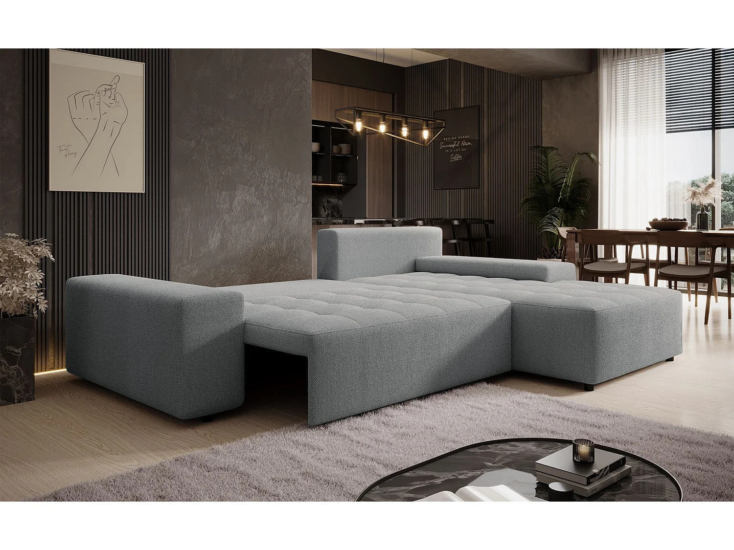 Ecksofa mit Schlaffunktion & Bettkasten – Chenille wasserabweisend – Universal – Hellgrau – NELURO