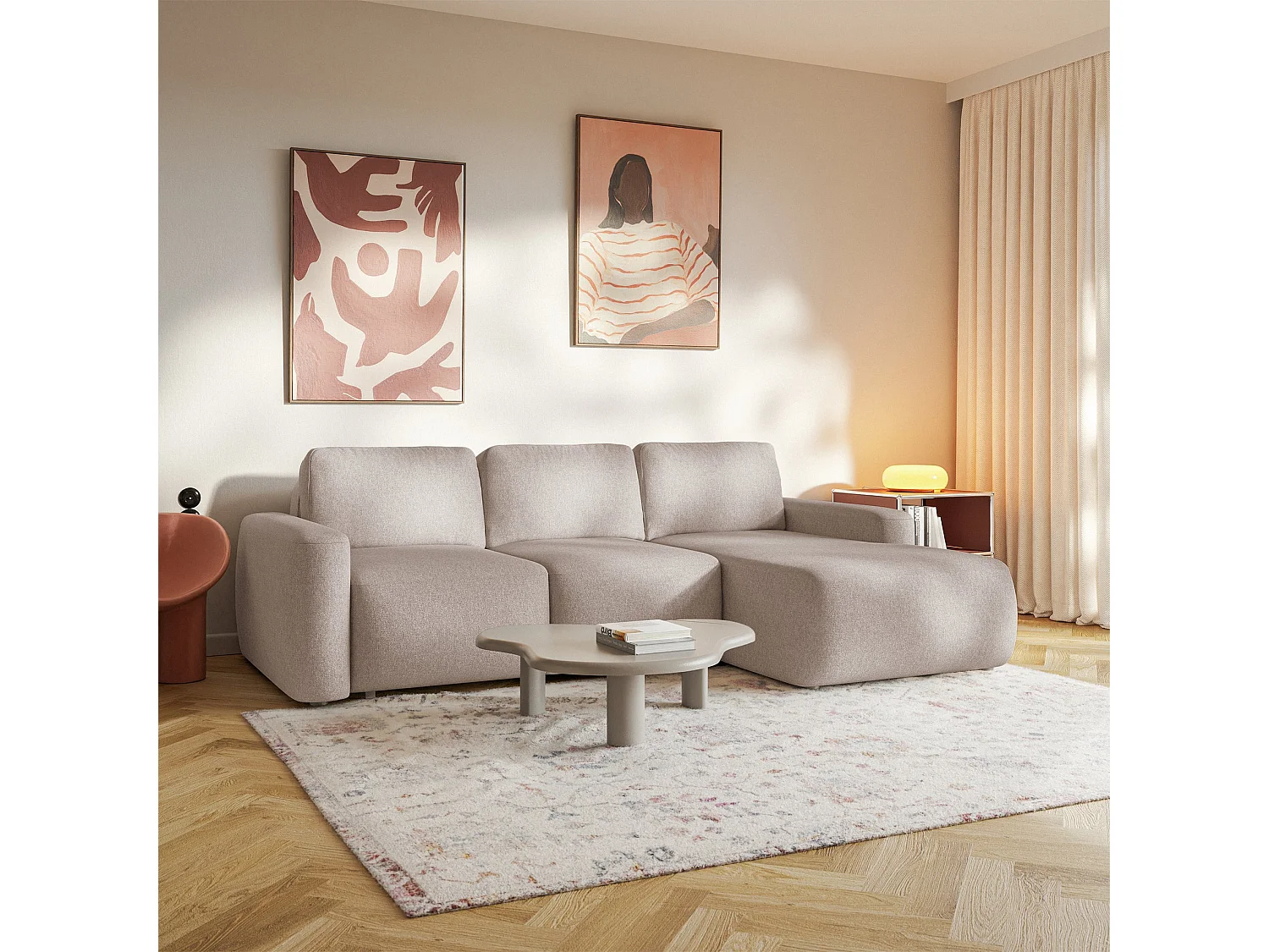 Canapé d'angle convertible – Angle à droite – Chenille facile d'entretien – Beige – CARNOS MINI