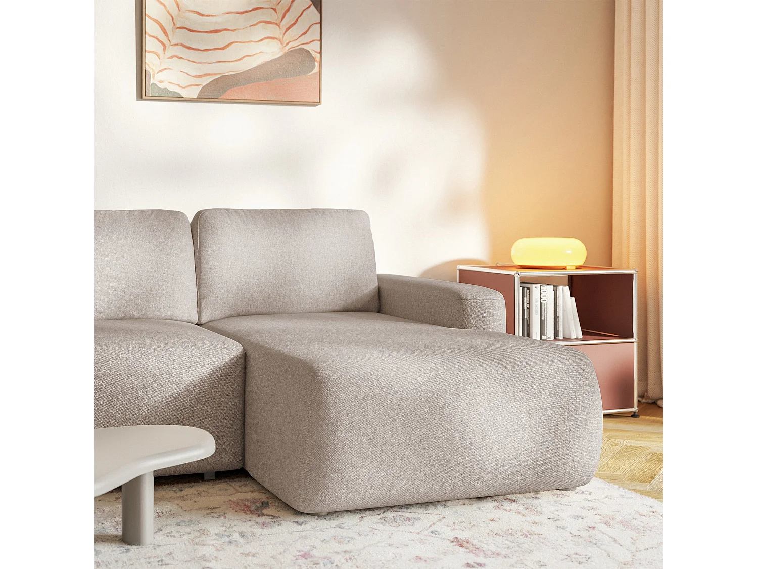 Canapé d'angle convertible – Angle à droite – Chenille facile d'entretien – Beige – CARNOS MINI