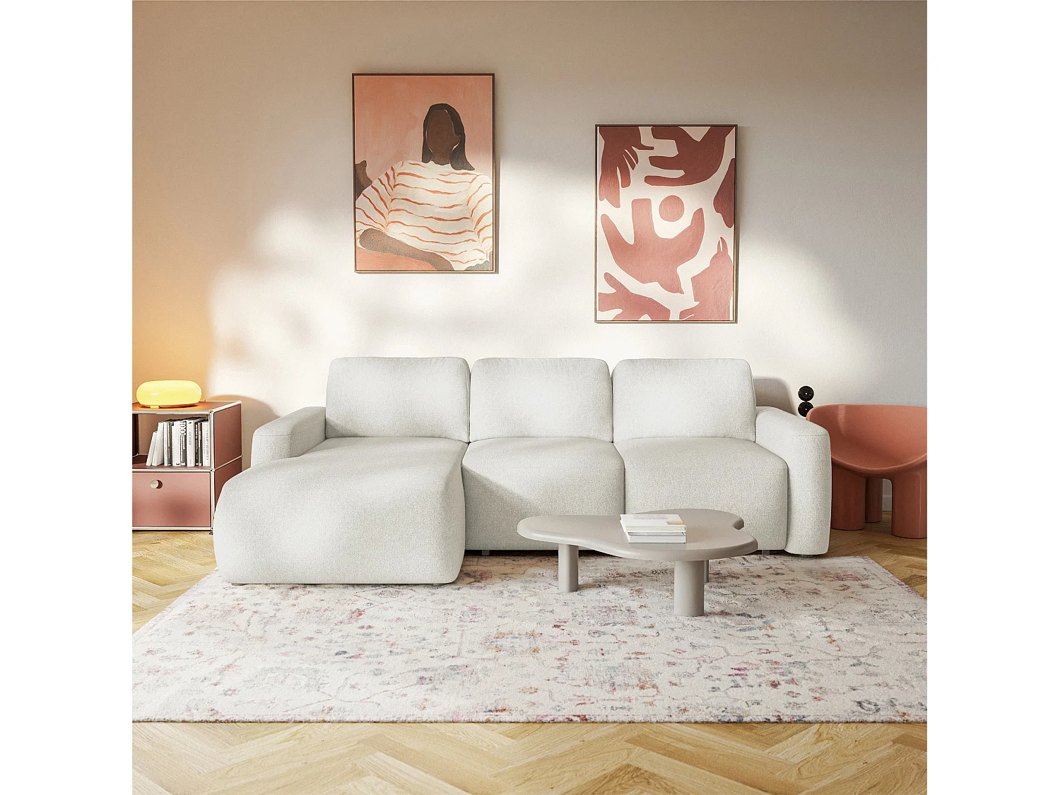 Ecksofa mit Schlaffunktion – Ottomane links – Chenille pflegeleicht – Creme – CARNOS MINI