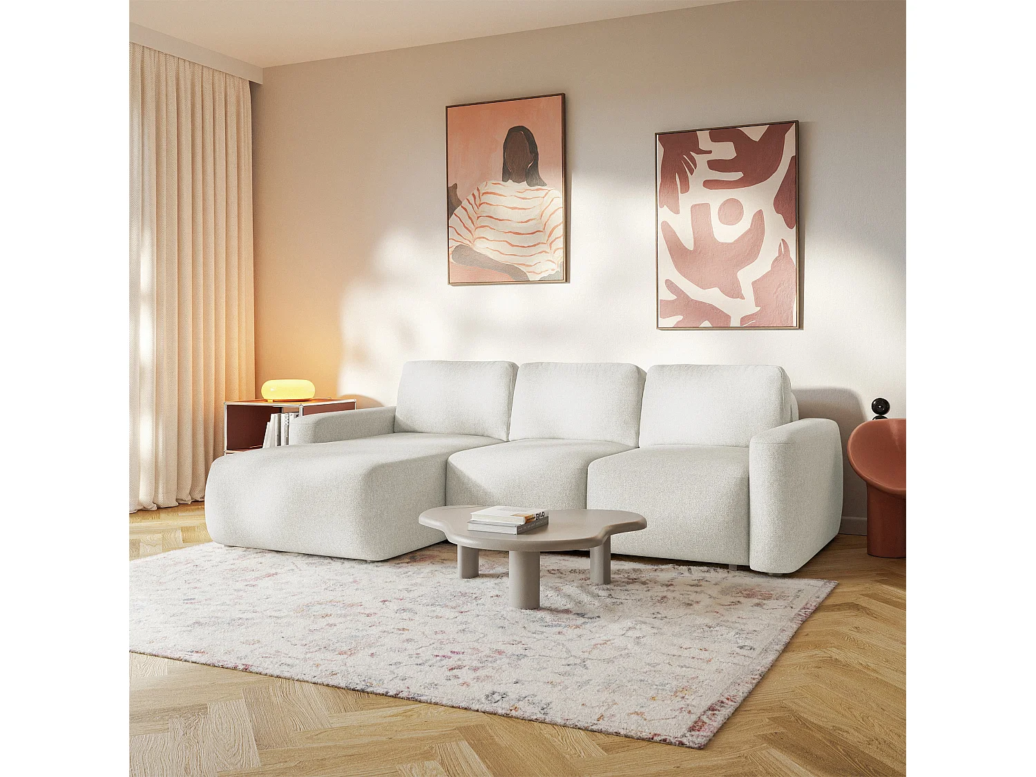 Ecksofa mit Schlaffunktion – Ottomane links – Chenille pflegeleicht – Creme – CARNOS MINI