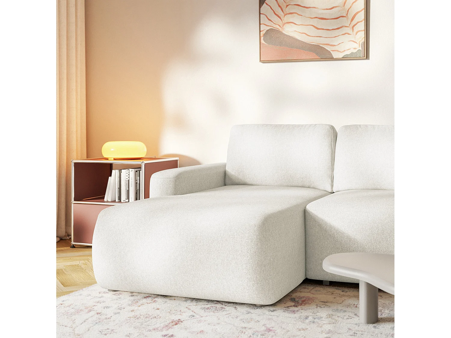 Ecksofa mit Schlaffunktion – Ottomane links – Chenille pflegeleicht – Creme – CARNOS MINI