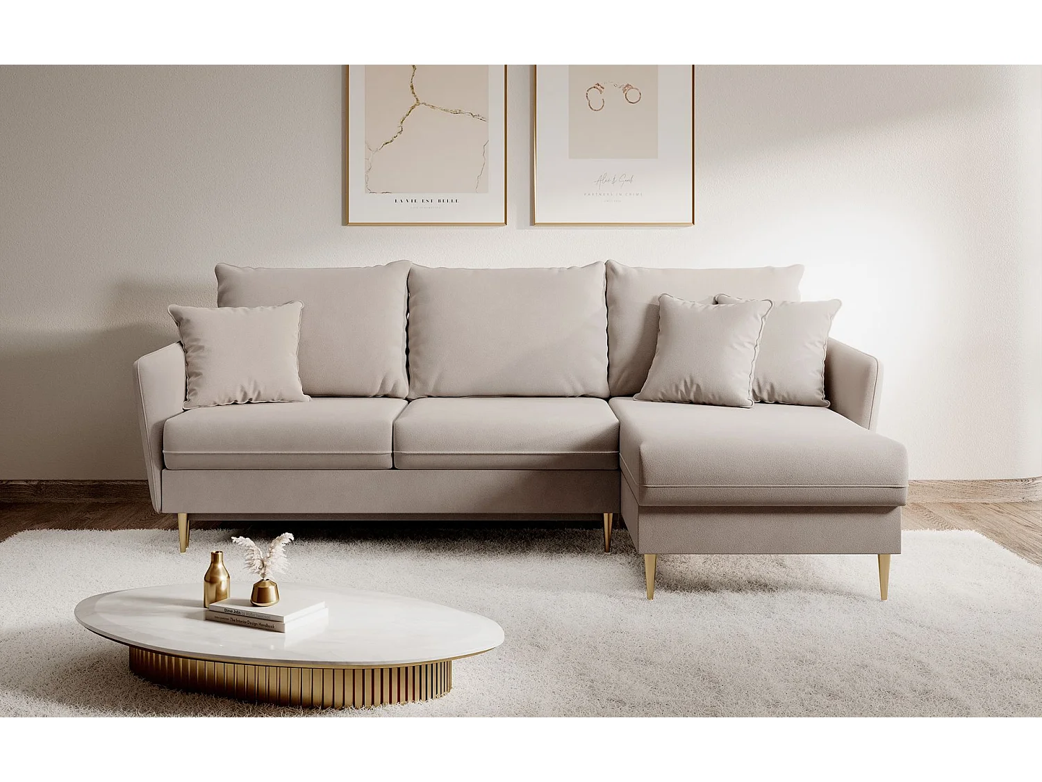Canapé d'angle convertible – Velours déperlant – Pieds dorés – Beige – VOLIO