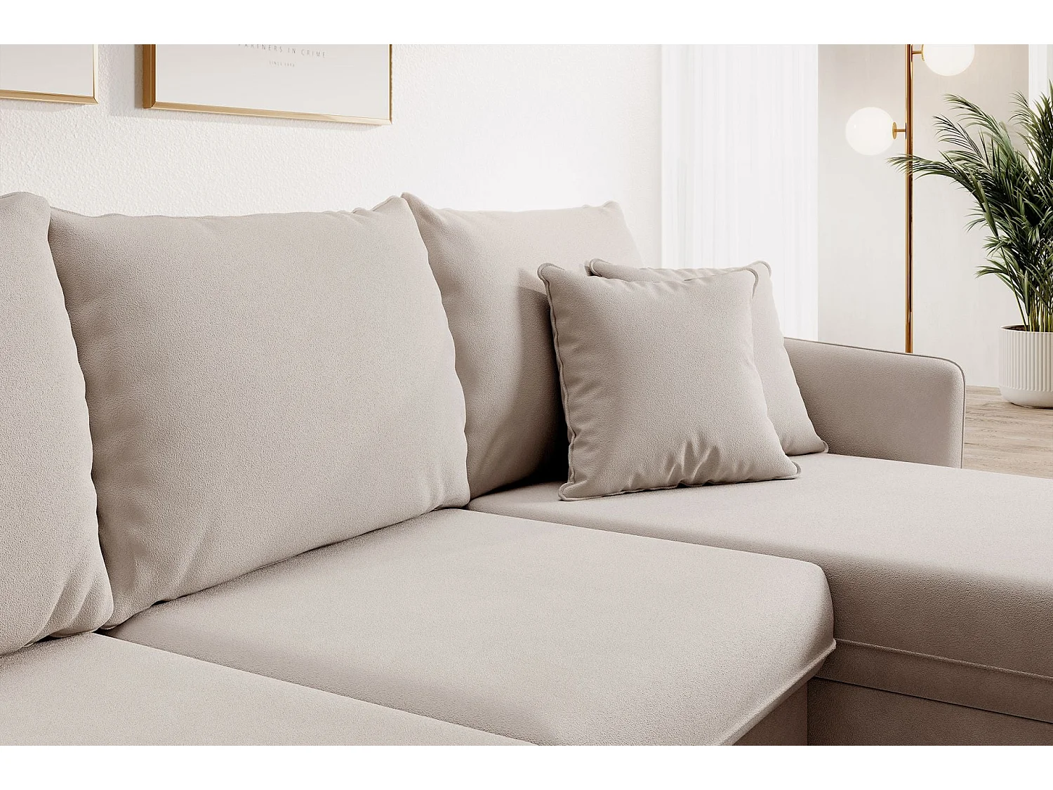Canapé d'angle 3 places convertible en velours beige VOLIO
