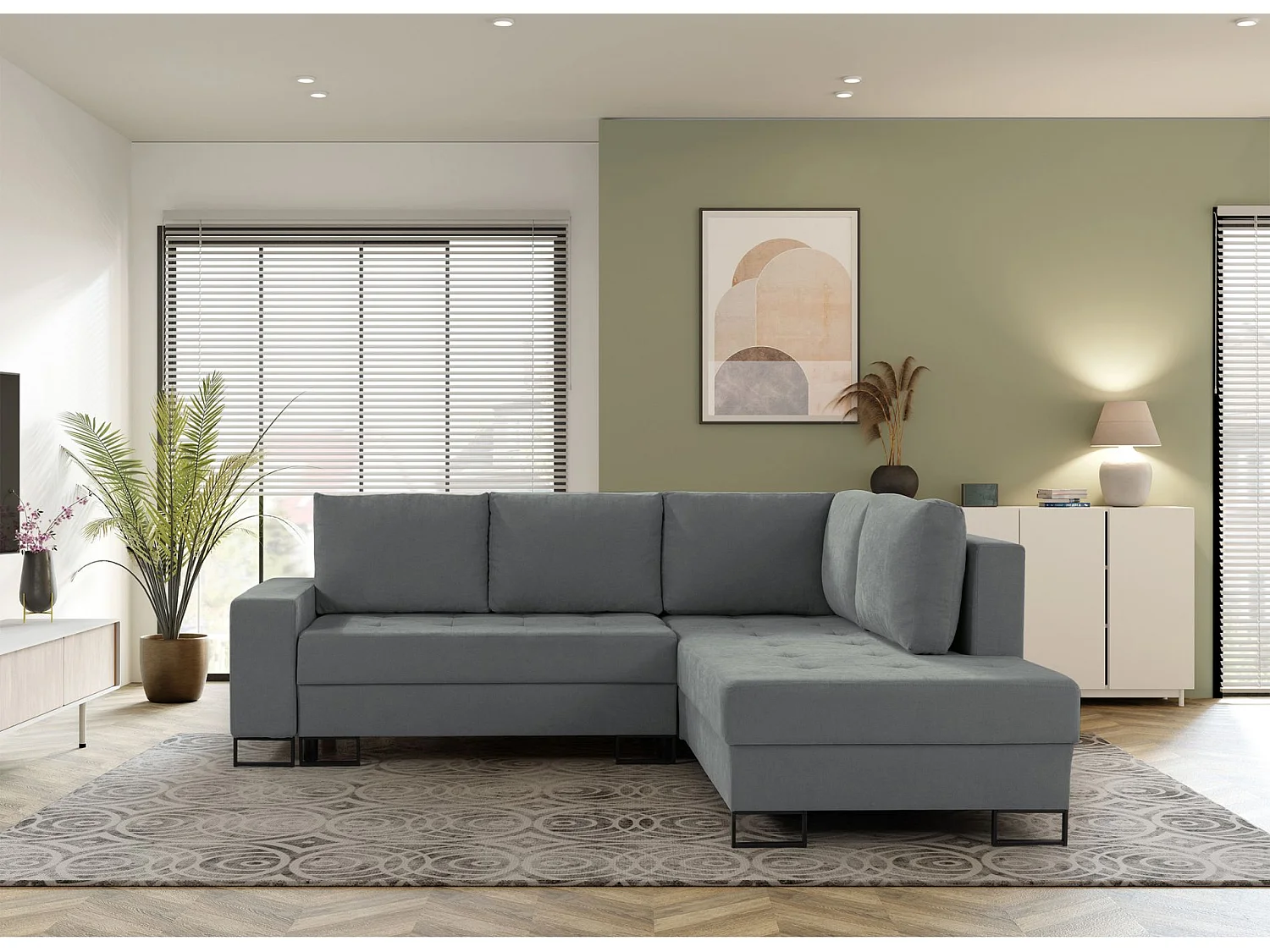 Ecksofa mit Schlaffunktion & Bettkasten – Chenille – Ottomane rechts – Aschgrau – LARELLE