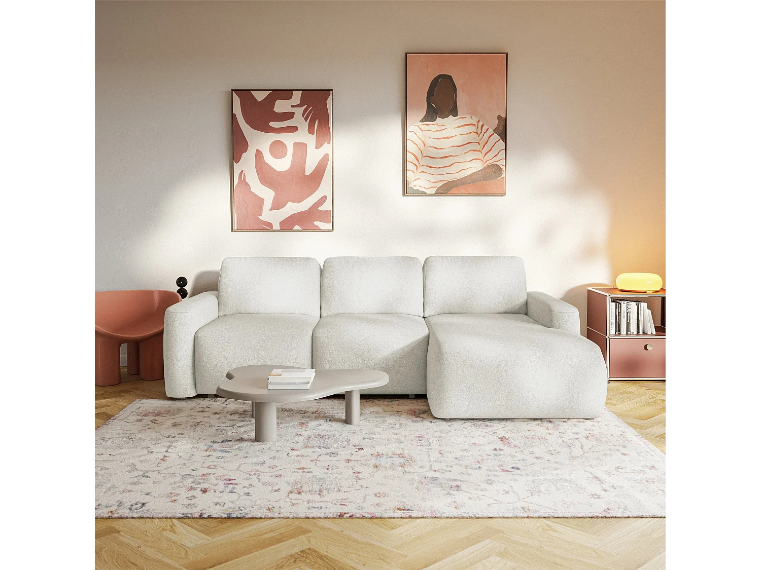 Ecksofa mit Schlaffunktion – Ottomane rechts – Chenille pflegeleicht – Creme – CARNOS MINI