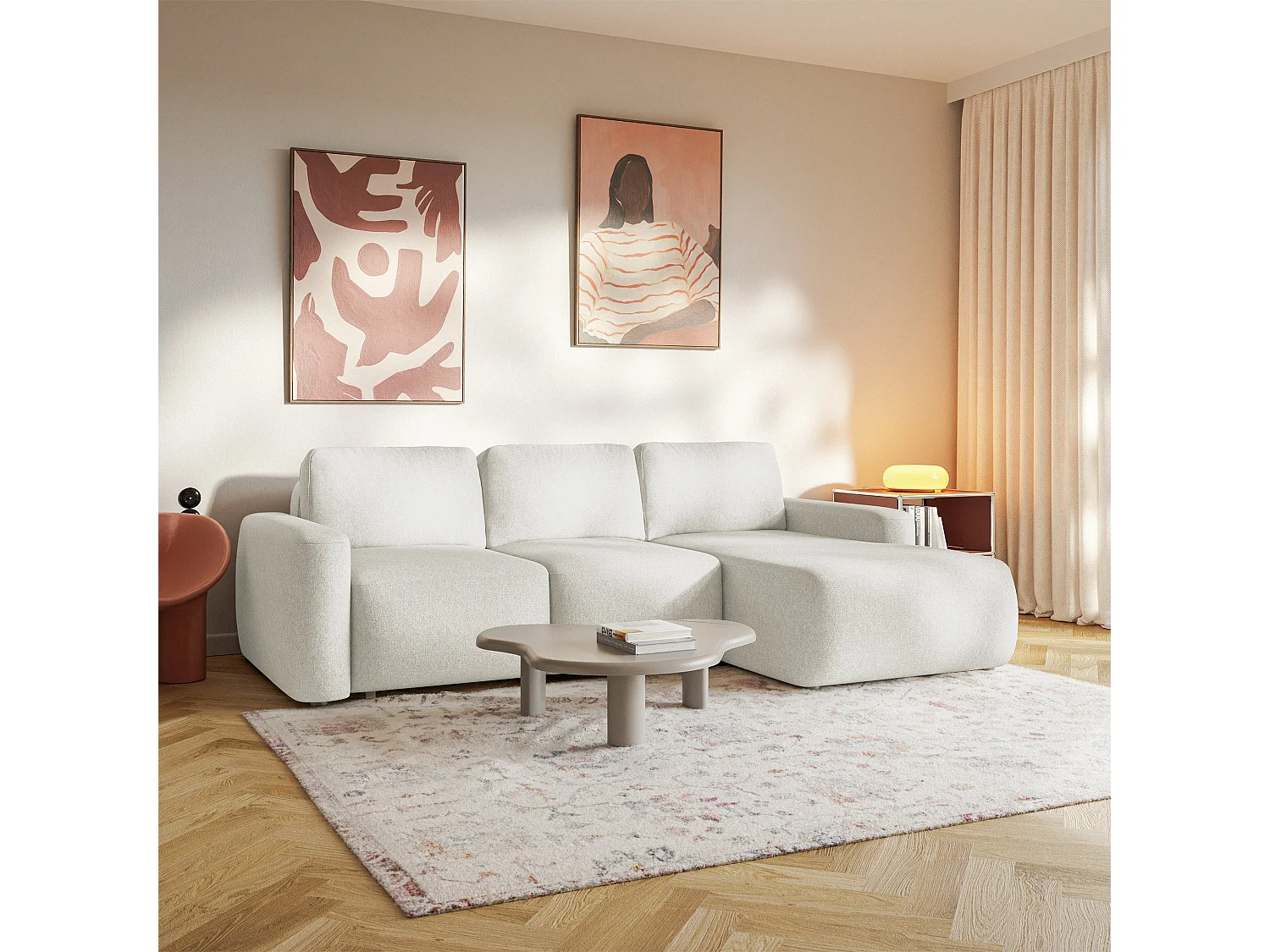 Ecksofa mit Schlaffunktion – Ottomane rechts – Chenille pflegeleicht – Creme – CARNOS MINI