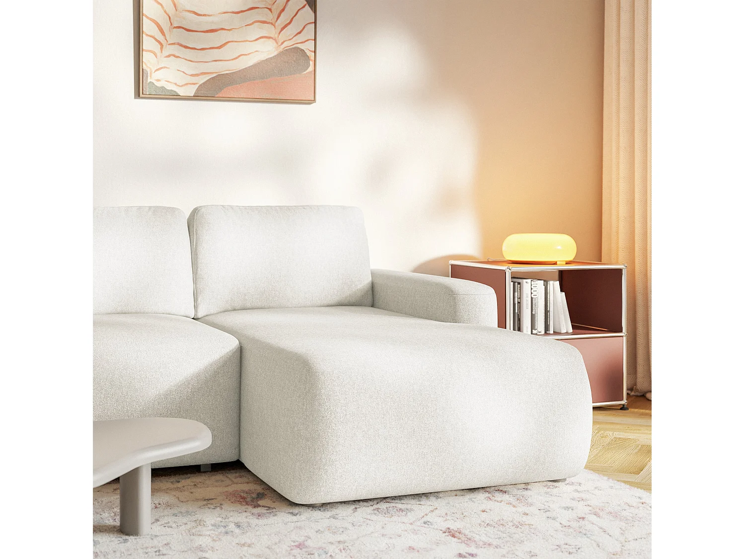 Ecksofa mit Schlaffunktion – Ottomane rechts – Chenille pflegeleicht – Creme – CARNOS MINI