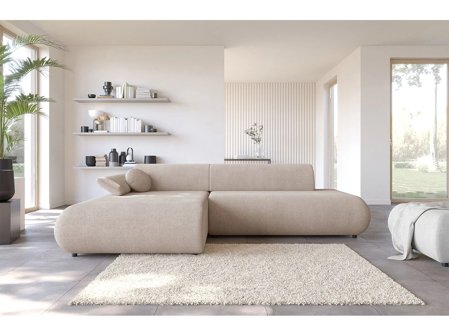 Canapé d'angle convertible – Chenille – angle à gauche – Beige clair – ARMONE