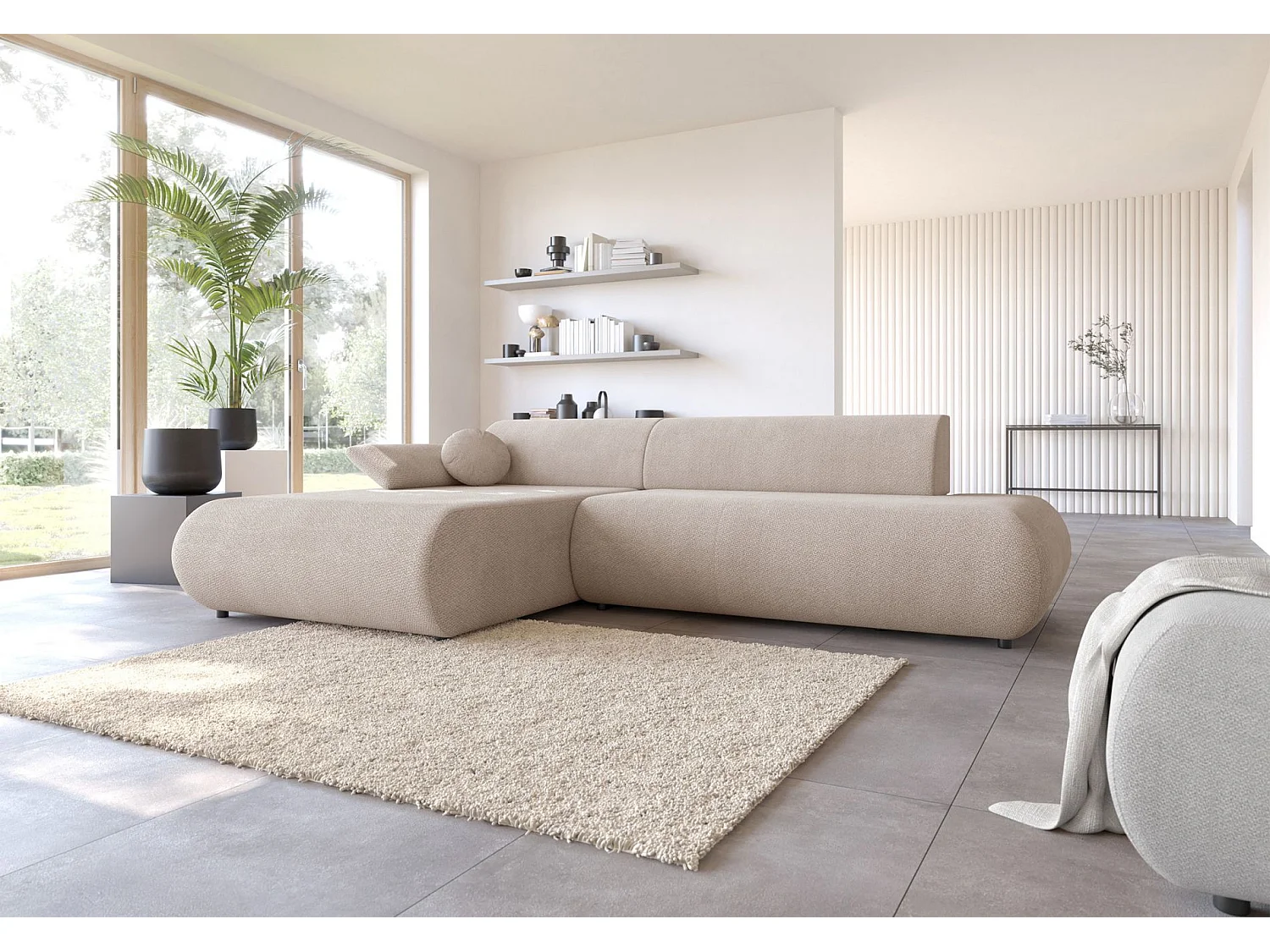 Canapé d'angle convertible – Chenille – angle à gauche – Beige clair – ARMONE