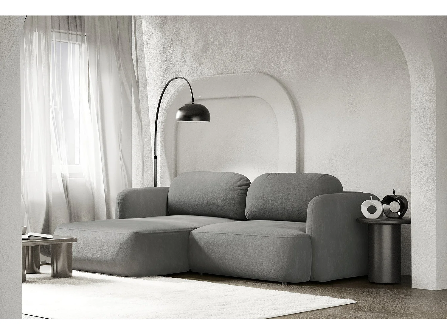 Ecksofa mit Schlaffunktion – Ottomane links – graues Chenille – TVOYA