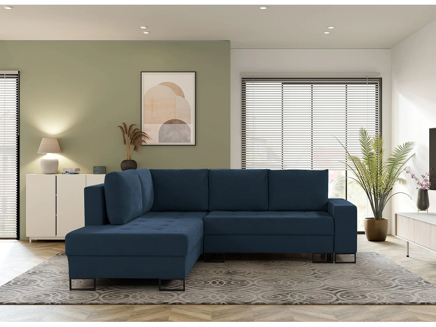 Ecksofa mit Schlaffunktion & Bettkasten – Chenille – Ottomane links – Dunkelblau – LARELLE