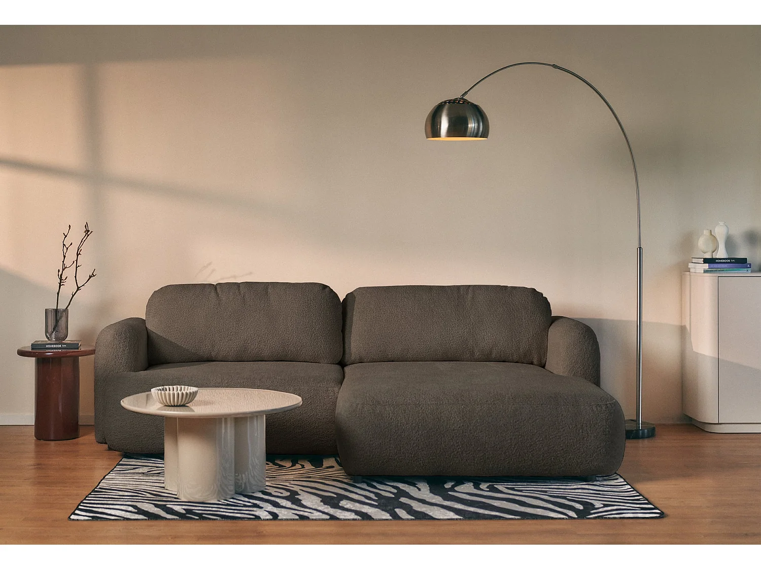 Ecksofa mit Schlaffunktion – Ottomane rechts – Bouclé Braun – TVOYA
