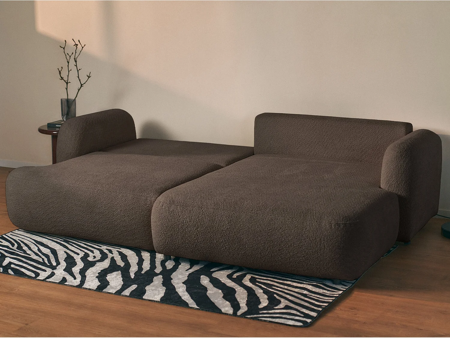 Ecksofa mit Schlaffunktion – Ottomane rechts – Bouclé Braun – TVOYA