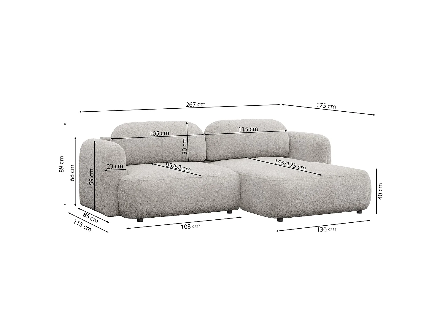 Ecksofa mit Schlaffunktion – Ottomane rechts – Bouclé Braun – TVOYA