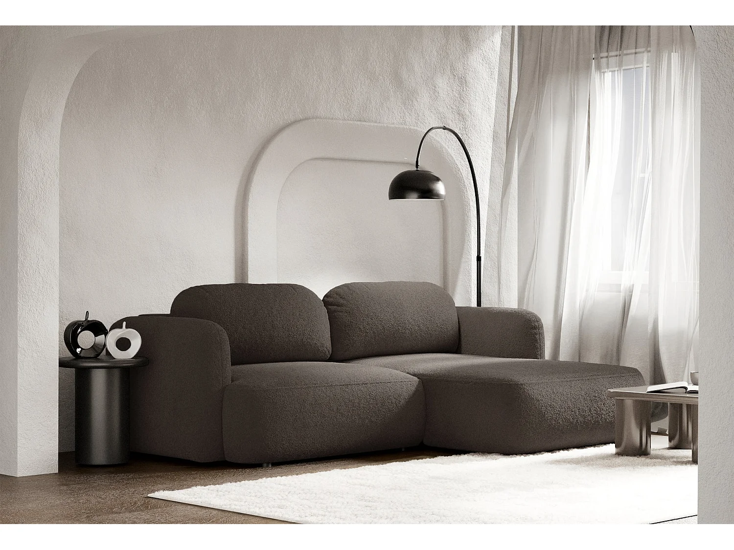 Ecksofa mit Schlaffunktion – Ottomane rechts – Bouclé Braun – TVOYA