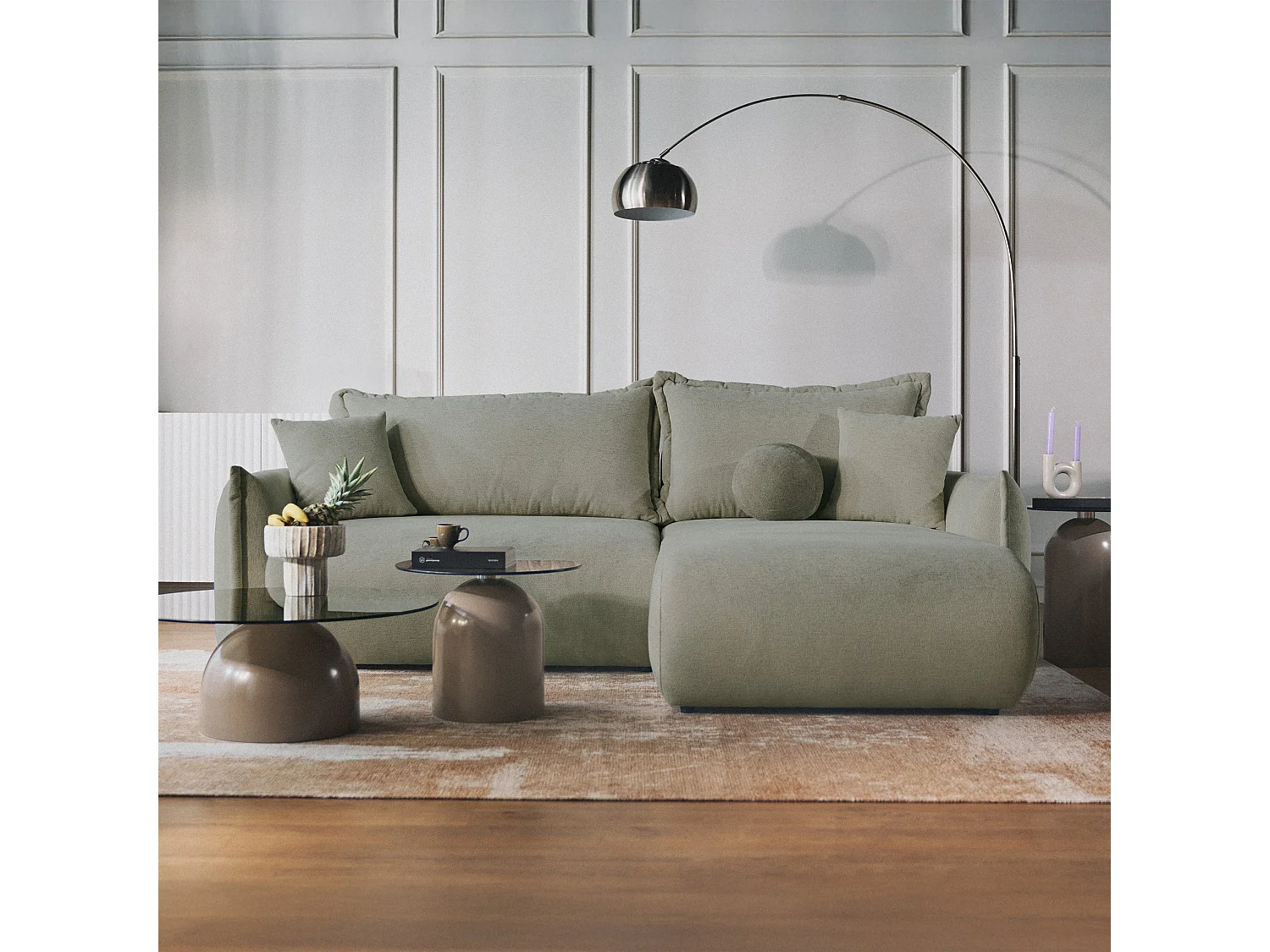 Canapé d'angle convertible – Angle à droite – chenille vert sauge – CUSHI
