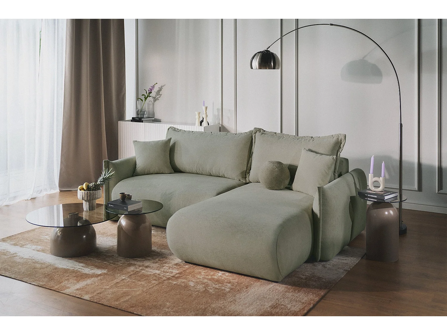 Canapé d'angle convertible – Angle à droite – chenille vert sauge – CUSHI