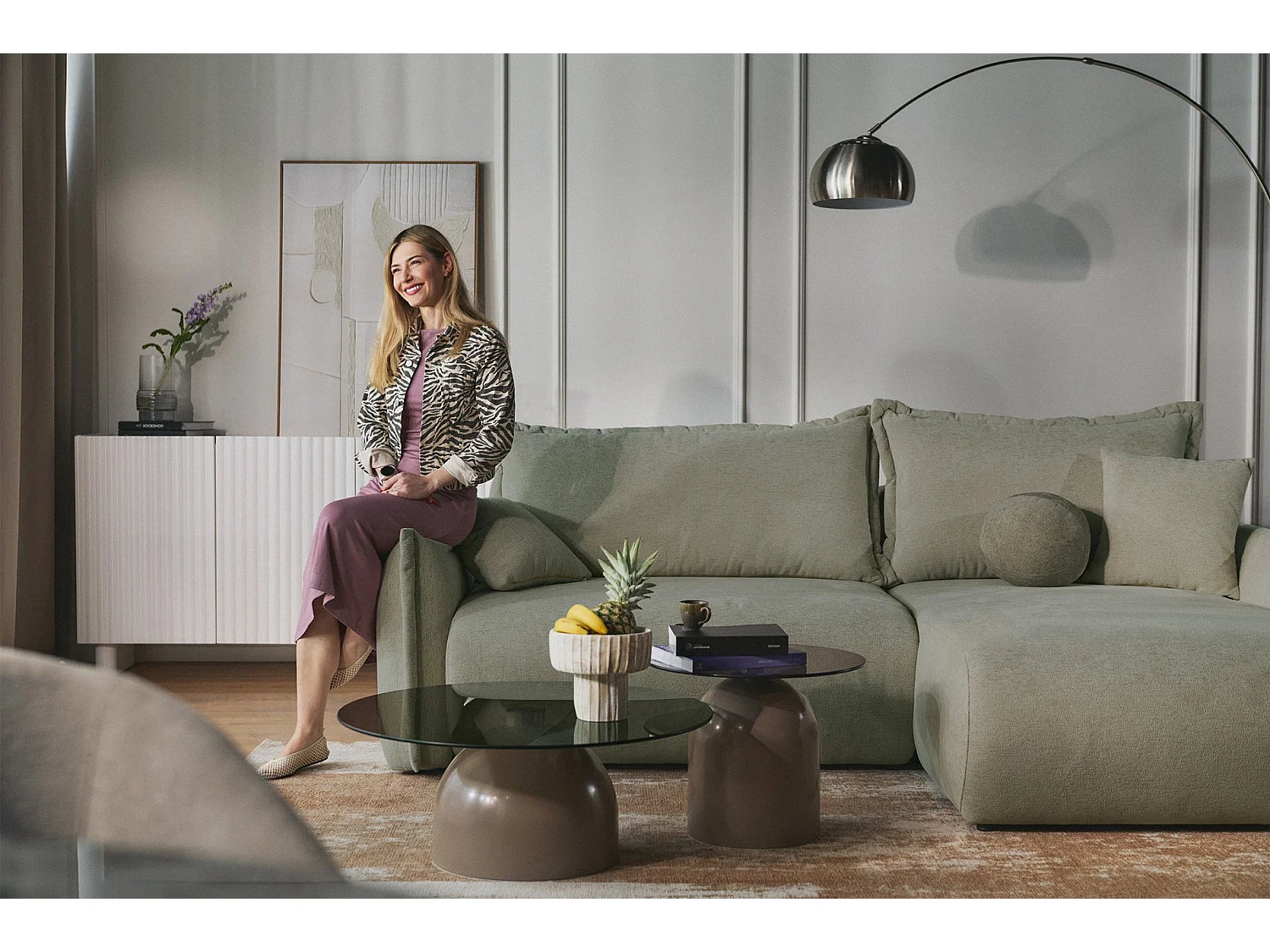 Canapé d'angle convertible – Angle à droite – chenille vert sauge – CUSHI