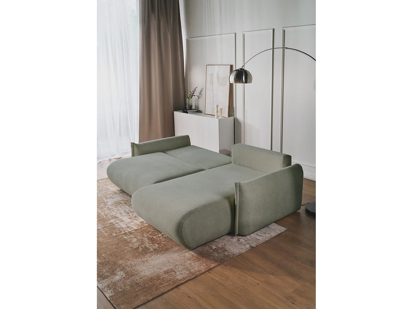 Canapé d'angle convertible – Angle à droite – chenille vert sauge – CUSHI