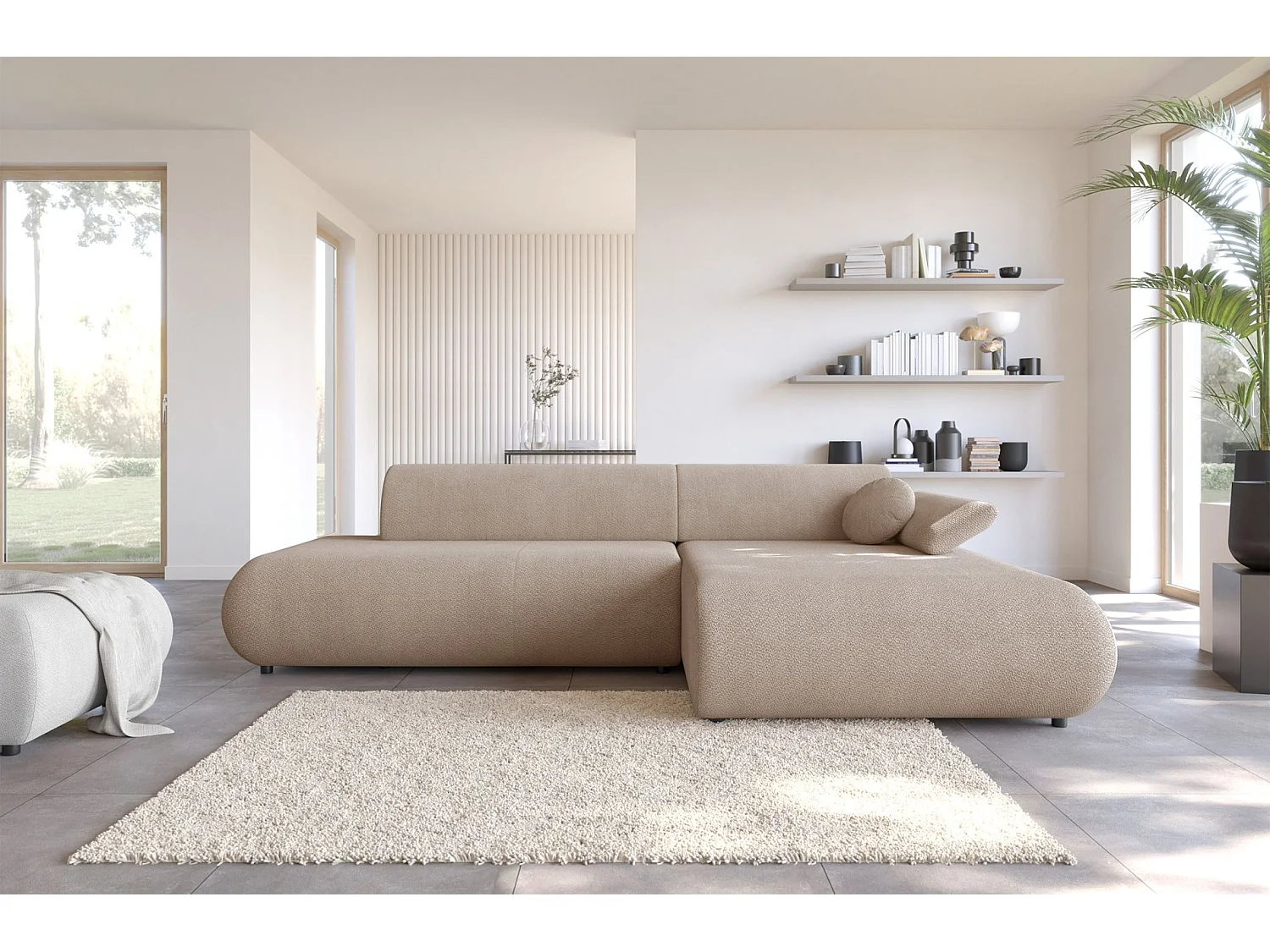Canapé d'angle convertible – Chenille – angle à droite – Beige – ARMONE