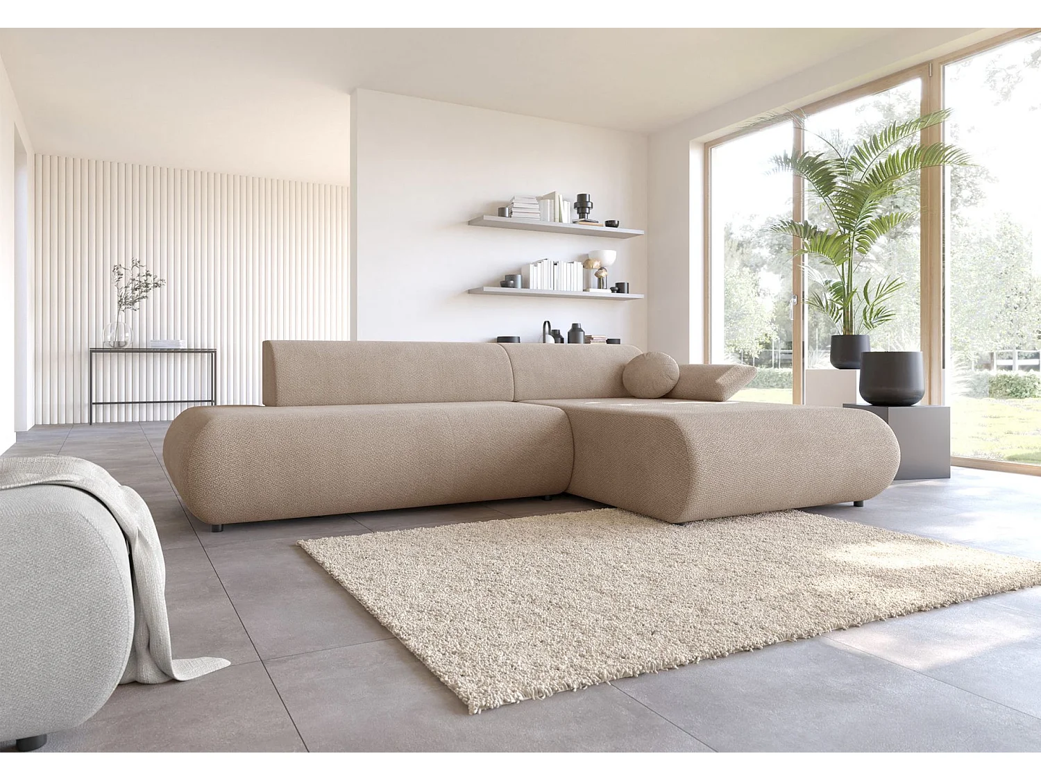 Canapé d'angle convertible – Chenille – angle à droite – Beige – ARMONE