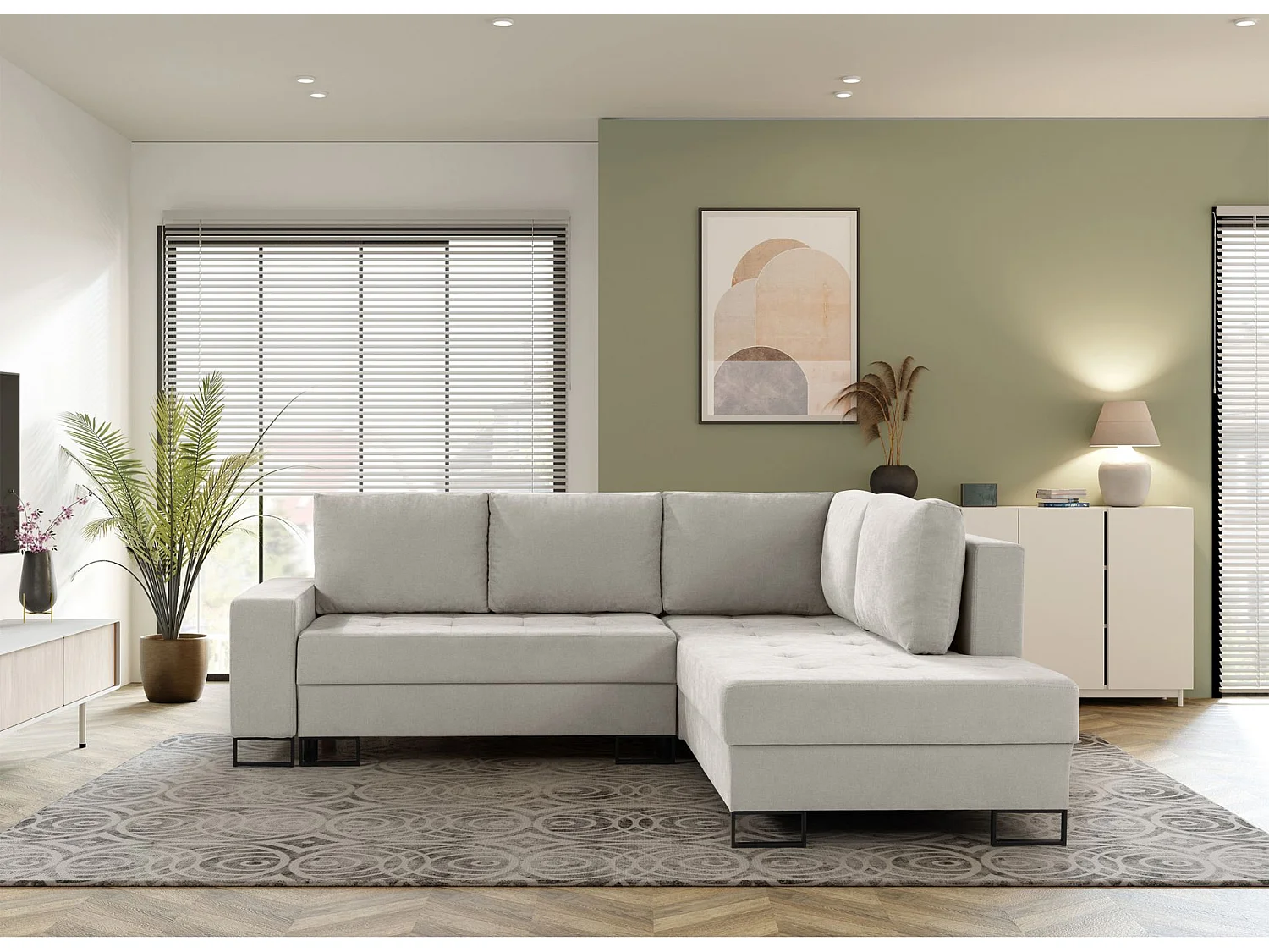 Ecksofa mit Schlaffunktion & Bettkasten – Chenille – Ottomane rechts – Hellbeige – LARELLE