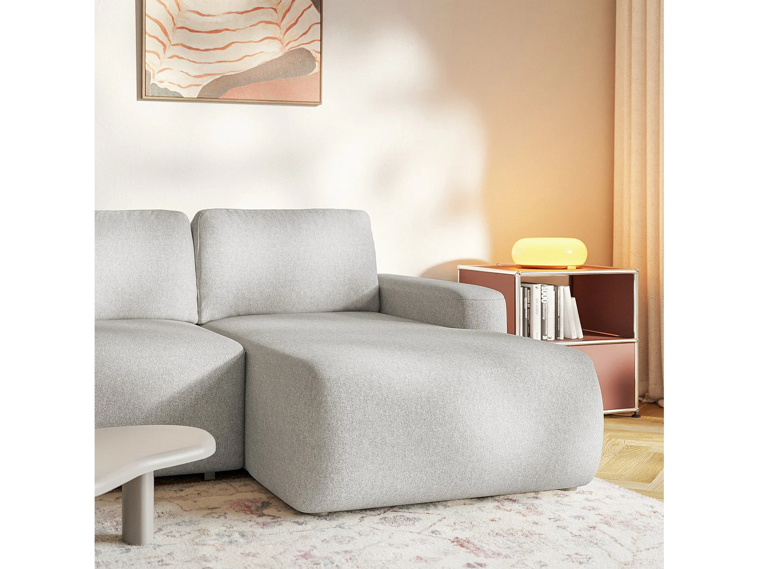 Canapé d'angle convertible – Angle à droite – Chenille facile d'entretien – Beige gris – CARNOS MINI