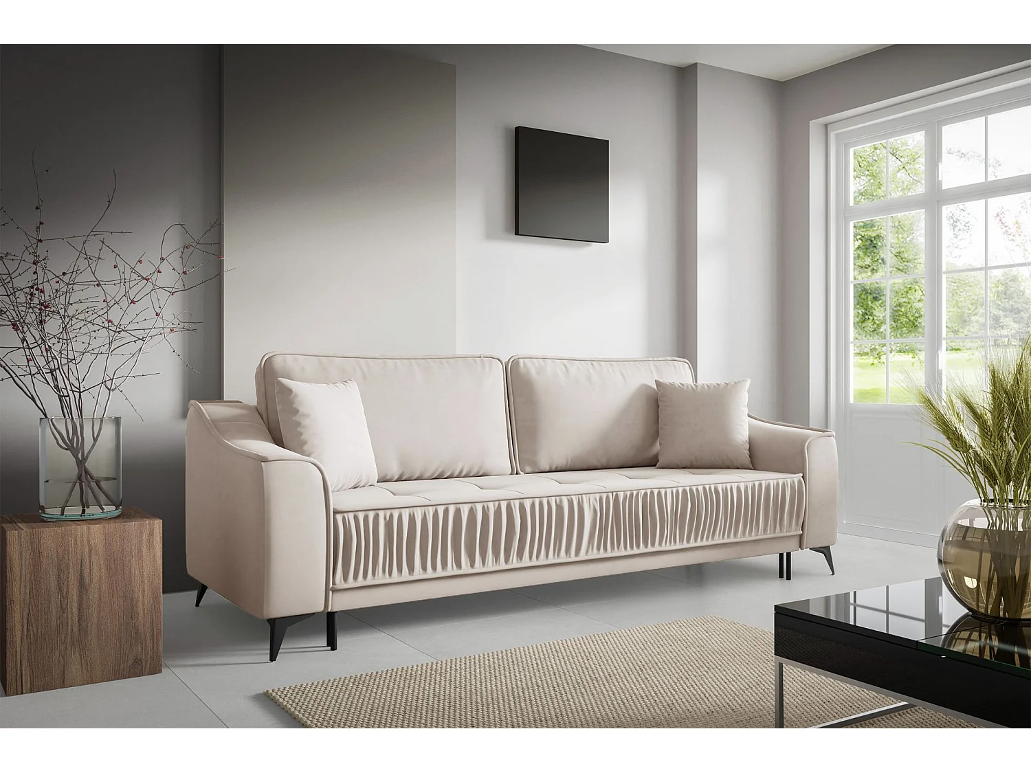 Canapé 3 places convertible – velours – pieds noirs – gris clair – LOUISOS