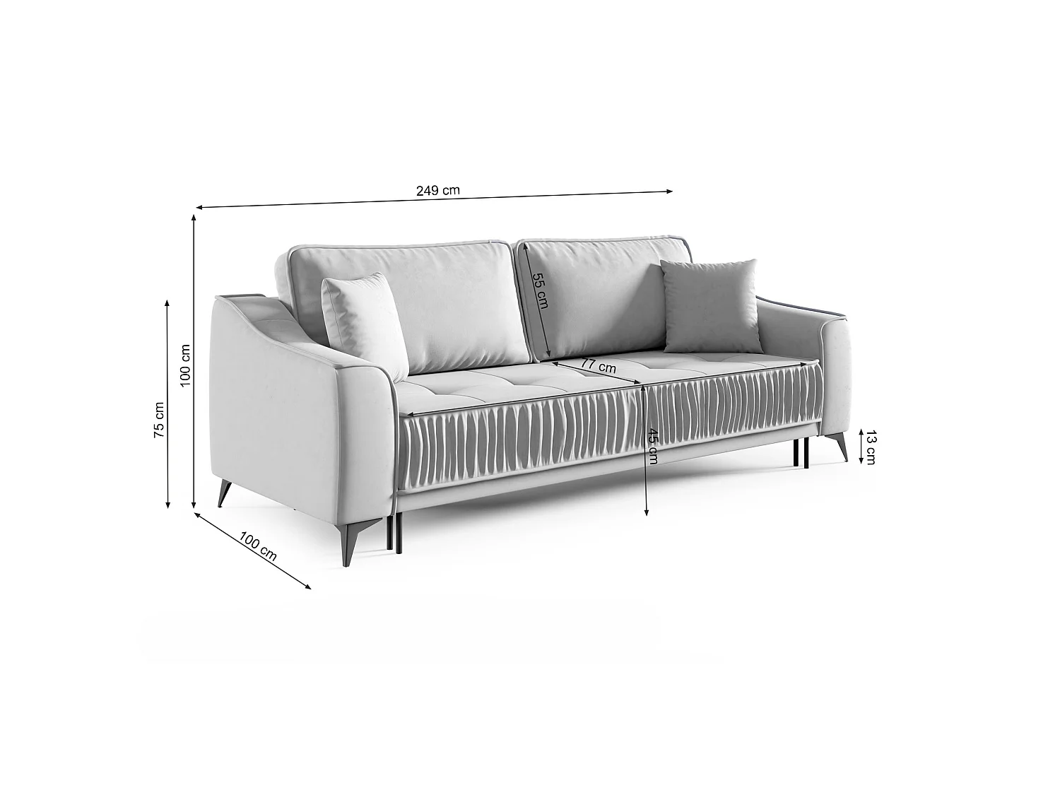 Canapé 3 places convertible – velours – pieds noirs – gris clair – LOUISOS