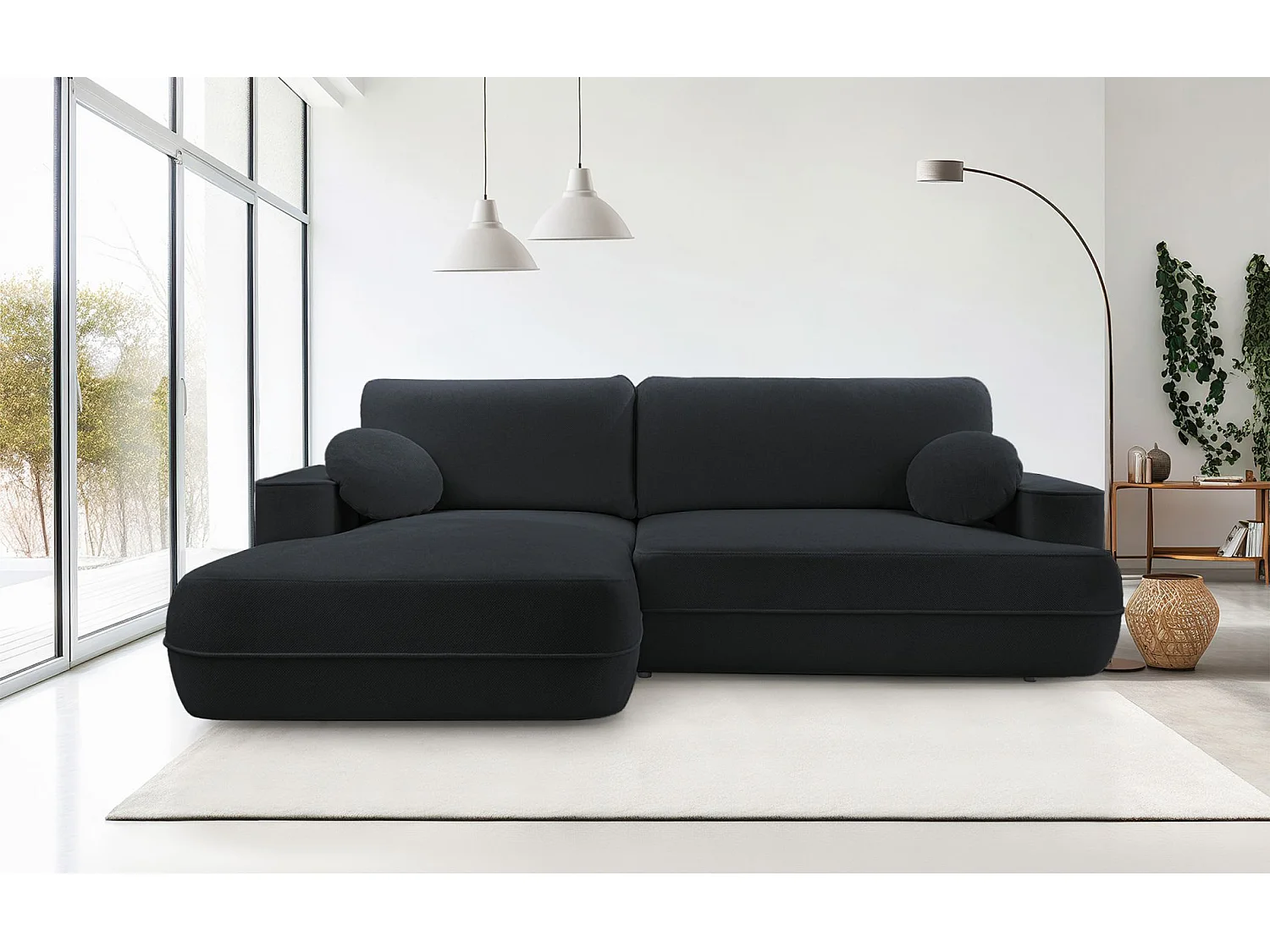Ecksofa mit Schlaffunktion – Bettkasten – Ottomane links,Strukturstoff wasserabweisend – Schwarz – FUERRO