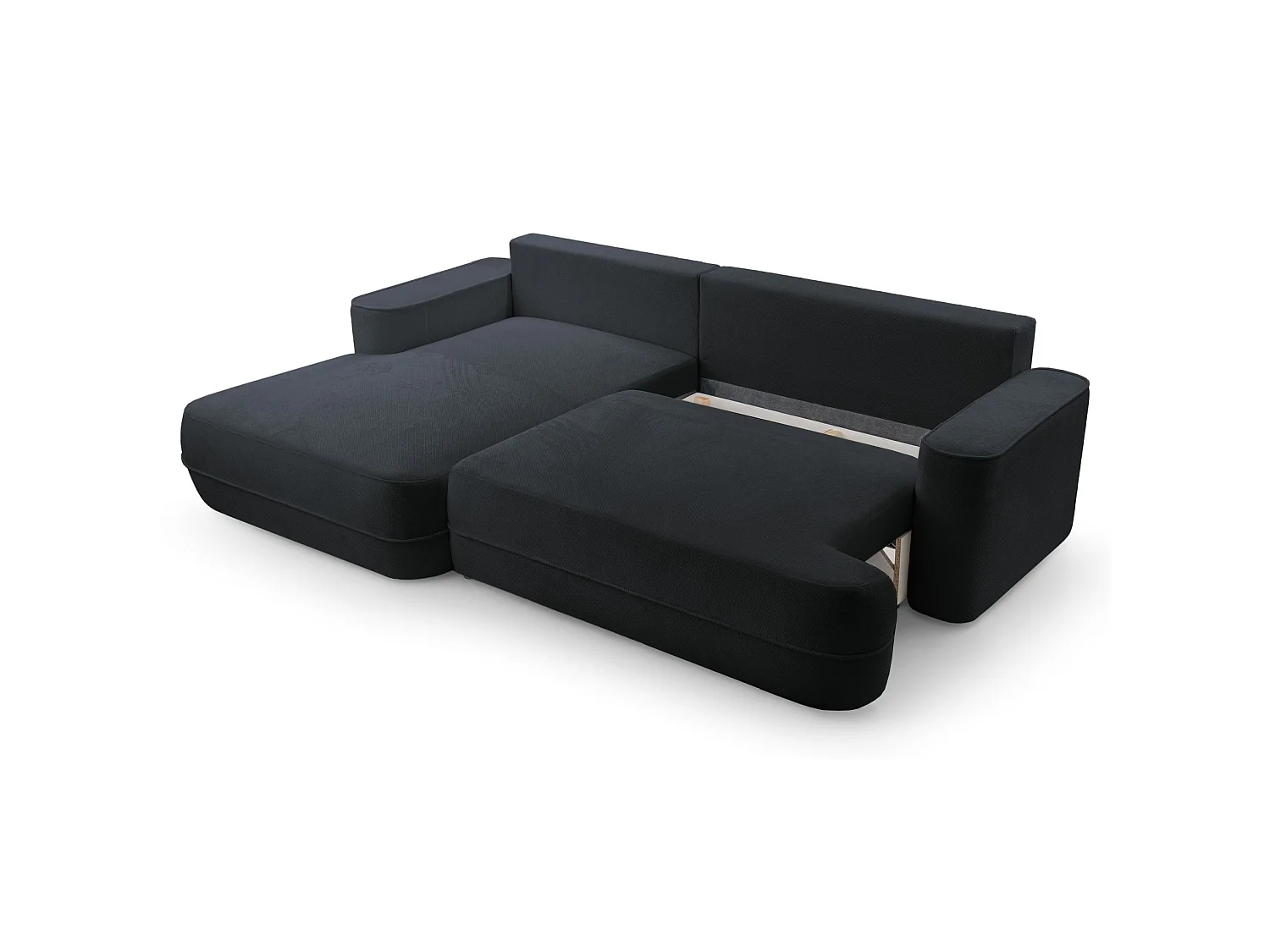 Ecksofa mit Schlaffunktion – Bettkasten – Ottomane links,Strukturstoff wasserabweisend – Schwarz – FUERRO