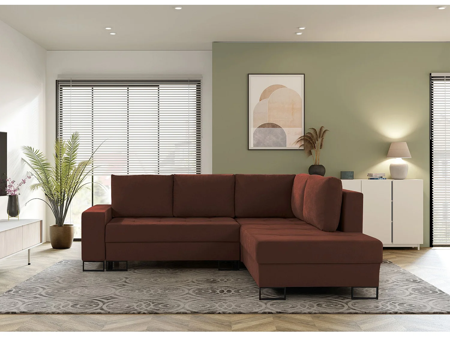 Ecksofa mit Schlaffunktion & Bettkasten – Chenille – Ottomane rechts – Kupfer – LARELLE