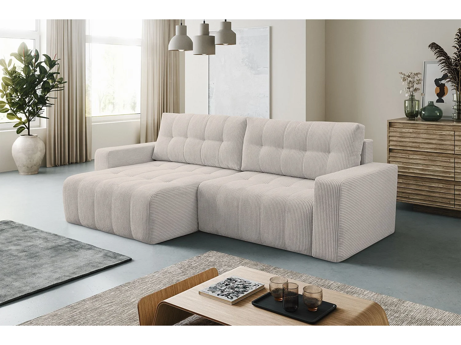 Ecksofa mit Schlaffunktion & Bettkasten – Cord – Universal – Hellbeige – MAILLO