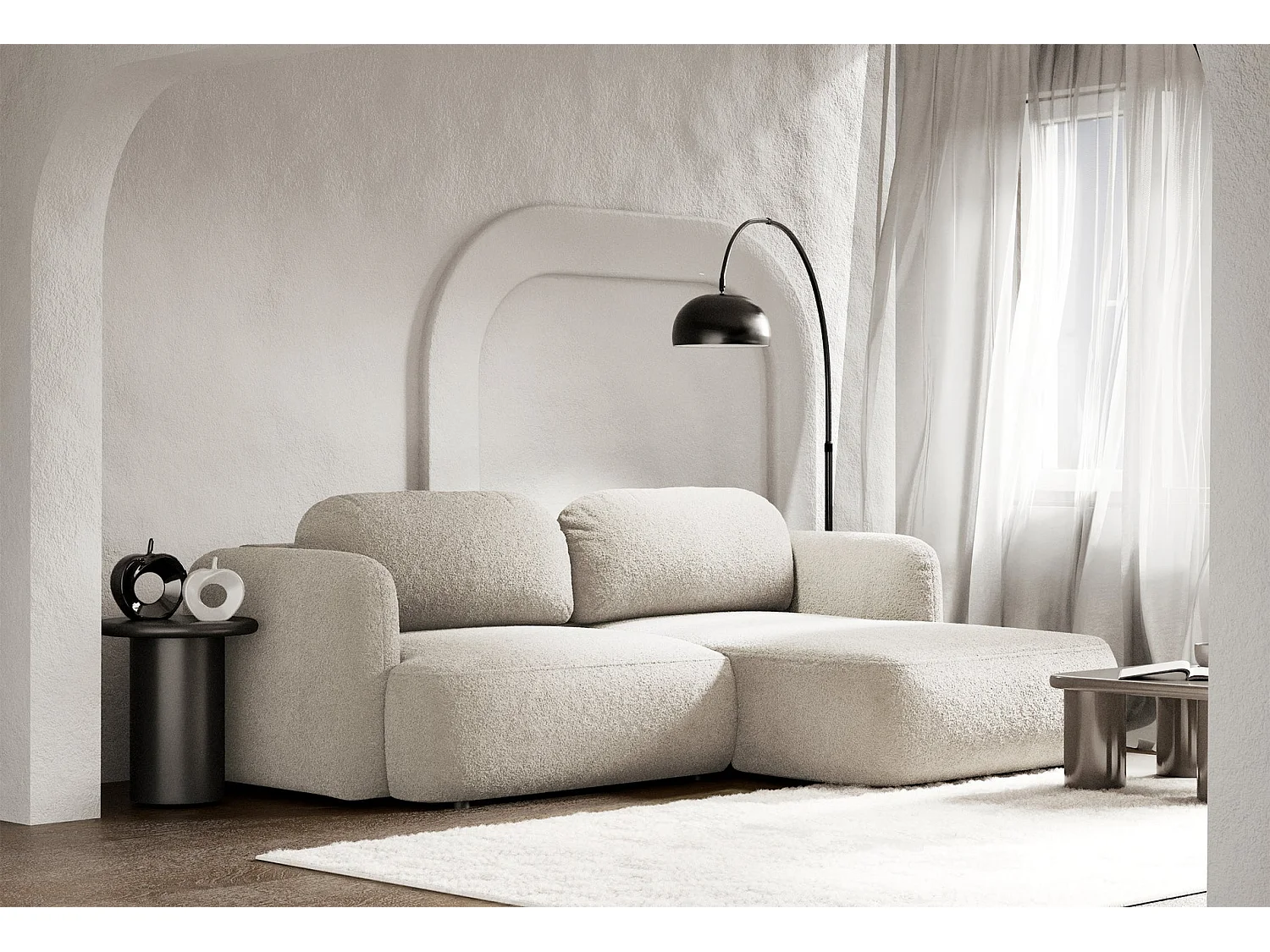 Canapé d'angle droit 3 places convertible en tissu beige TVOYA