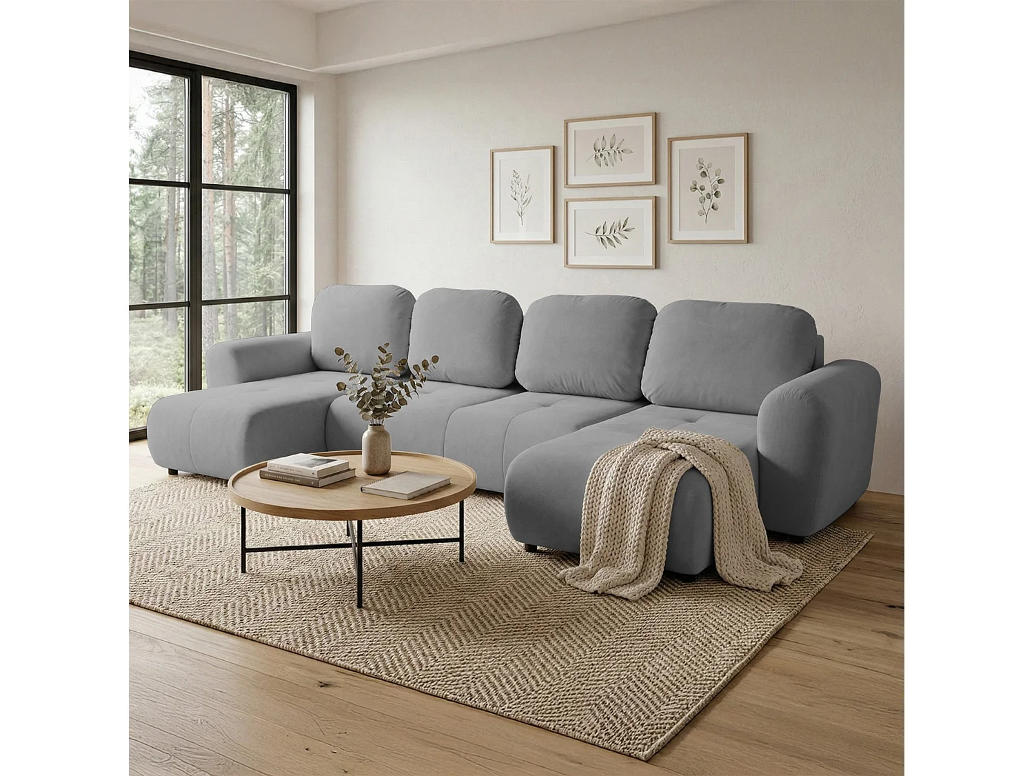 Canapé d'angle convertible – en forme de U –velours gris - OLIDO