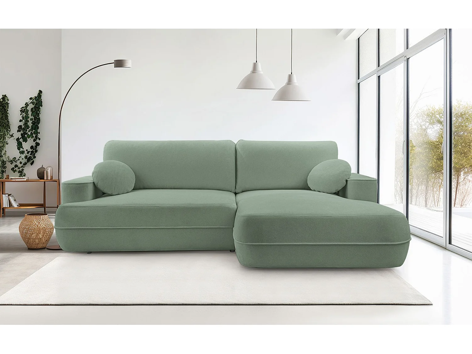 Ecksofa mit Schlaffunktion – Bettkasten – Ottomane rechts – Strukturstoff wasserabweisend – Salbeigrün – FUERRO