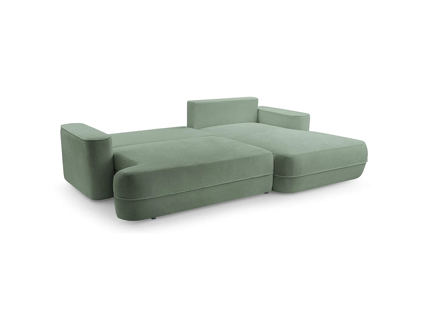 Ecksofa mit Schlaffunktion – Bettkasten – Ottomane rechts – Strukturstoff wasserabweisend – Salbeigrün – FUERRO