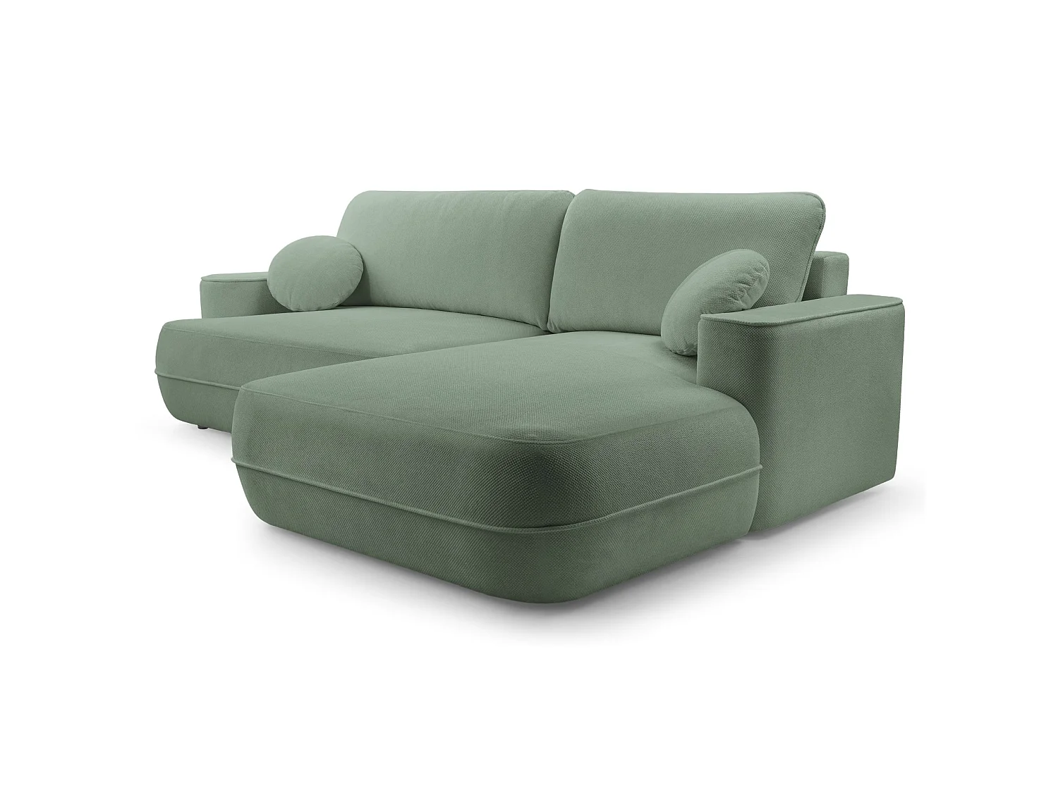 Ecksofa mit Schlaffunktion – Bettkasten – Ottomane rechts – Strukturstoff wasserabweisend – Salbeigrün – FUERRO