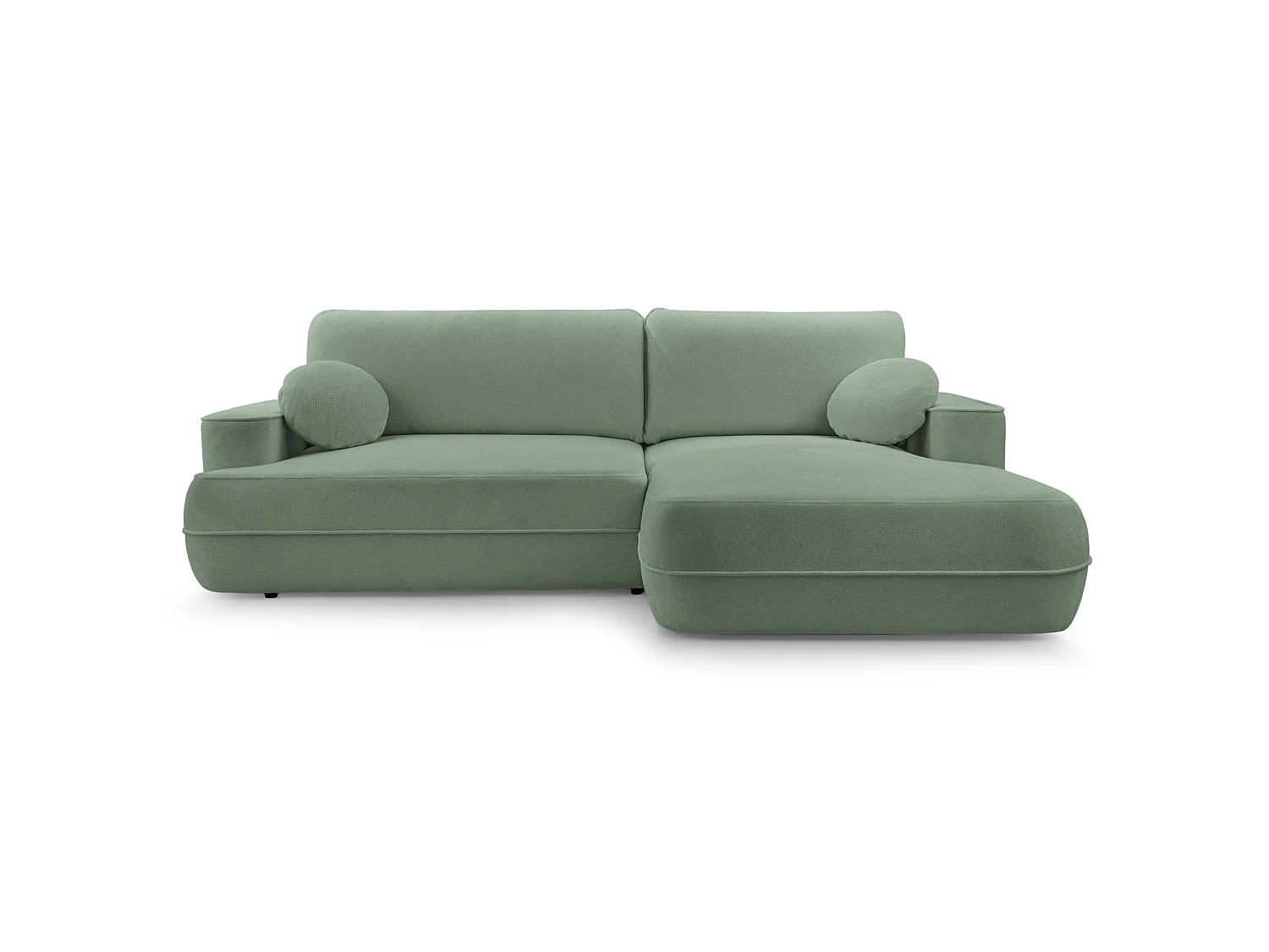 Ecksofa mit Schlaffunktion – Bettkasten – Ottomane rechts – Strukturstoff wasserabweisend – Salbeigrün – FUERRO