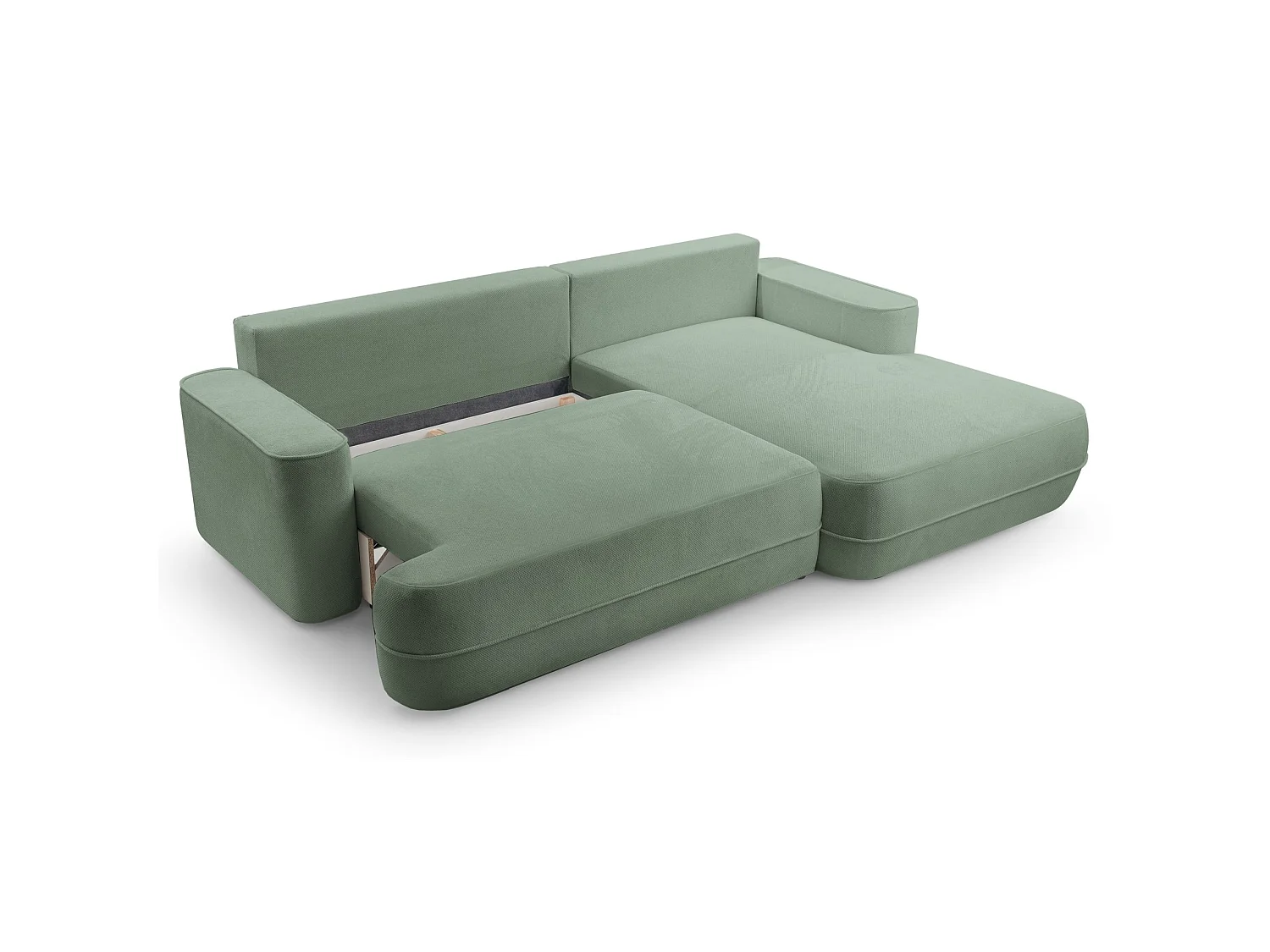 Ecksofa mit Schlaffunktion – Bettkasten – Ottomane rechts – Strukturstoff wasserabweisend – Salbeigrün – FUERRO