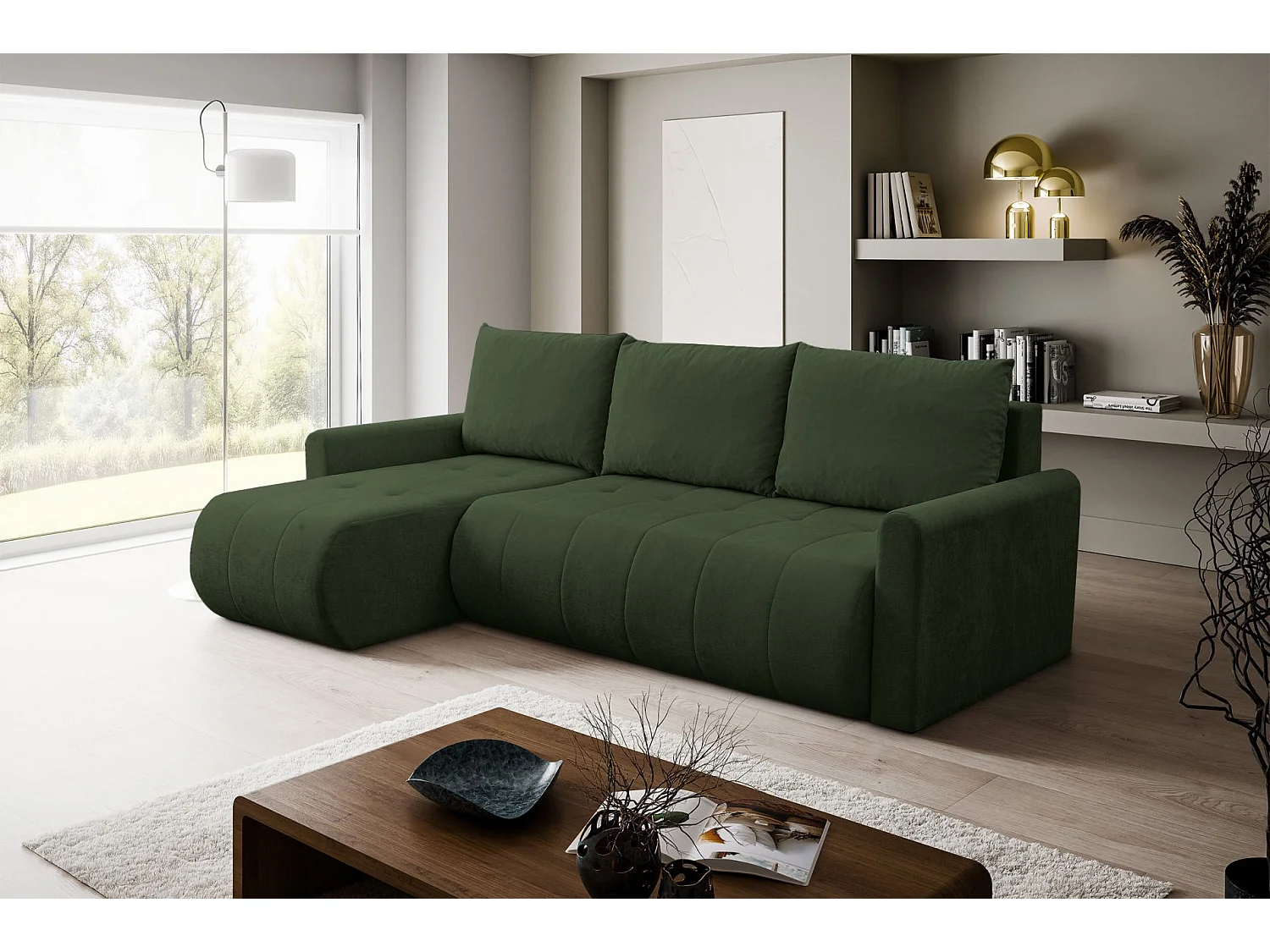 Ecksofa mit Schlaffunktion & Bettkasten – Chenille – Universal – Grün – TIMMONE